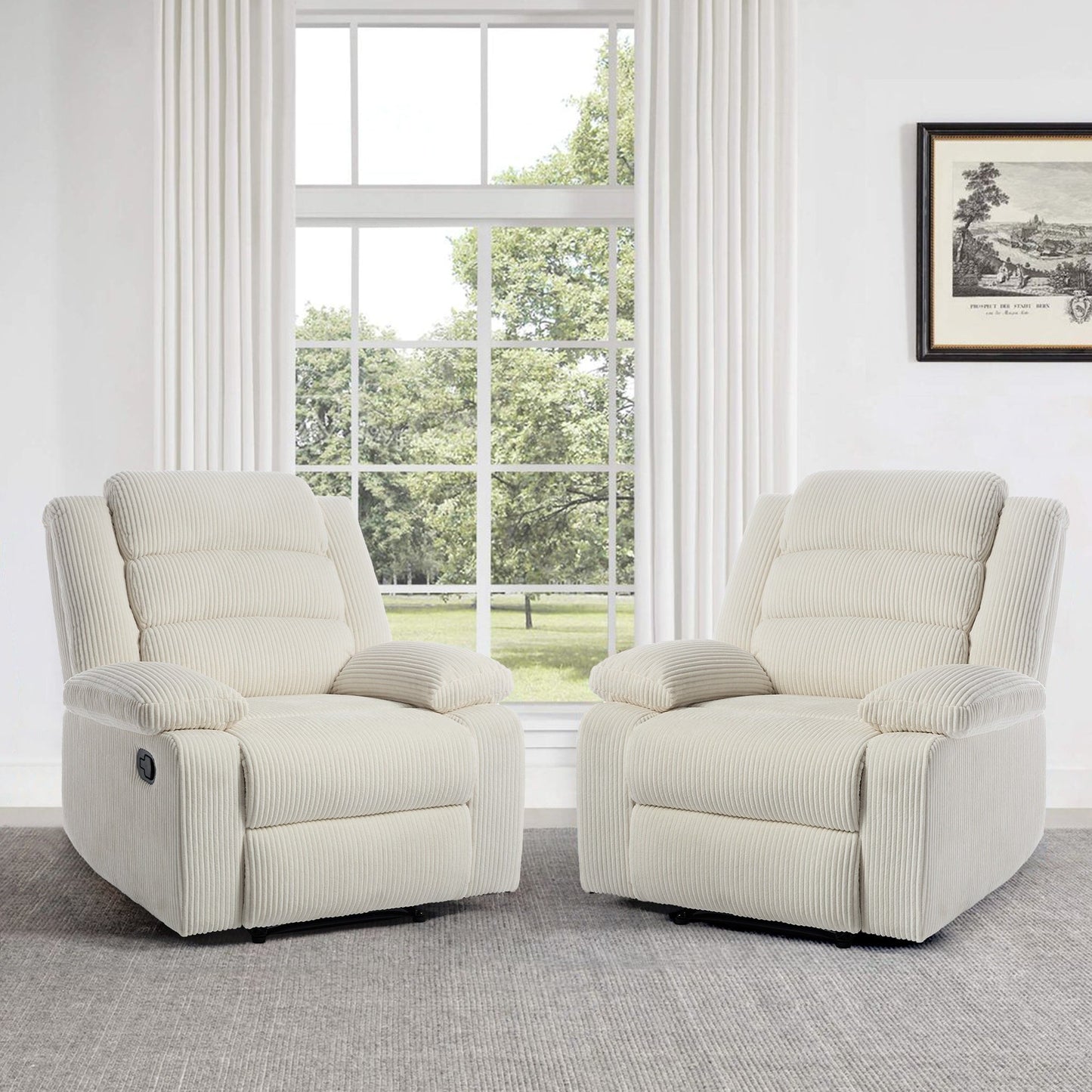 Fauteuil inclinable manuel rembourré en velours côtelé de coton avec accoudoirs larges