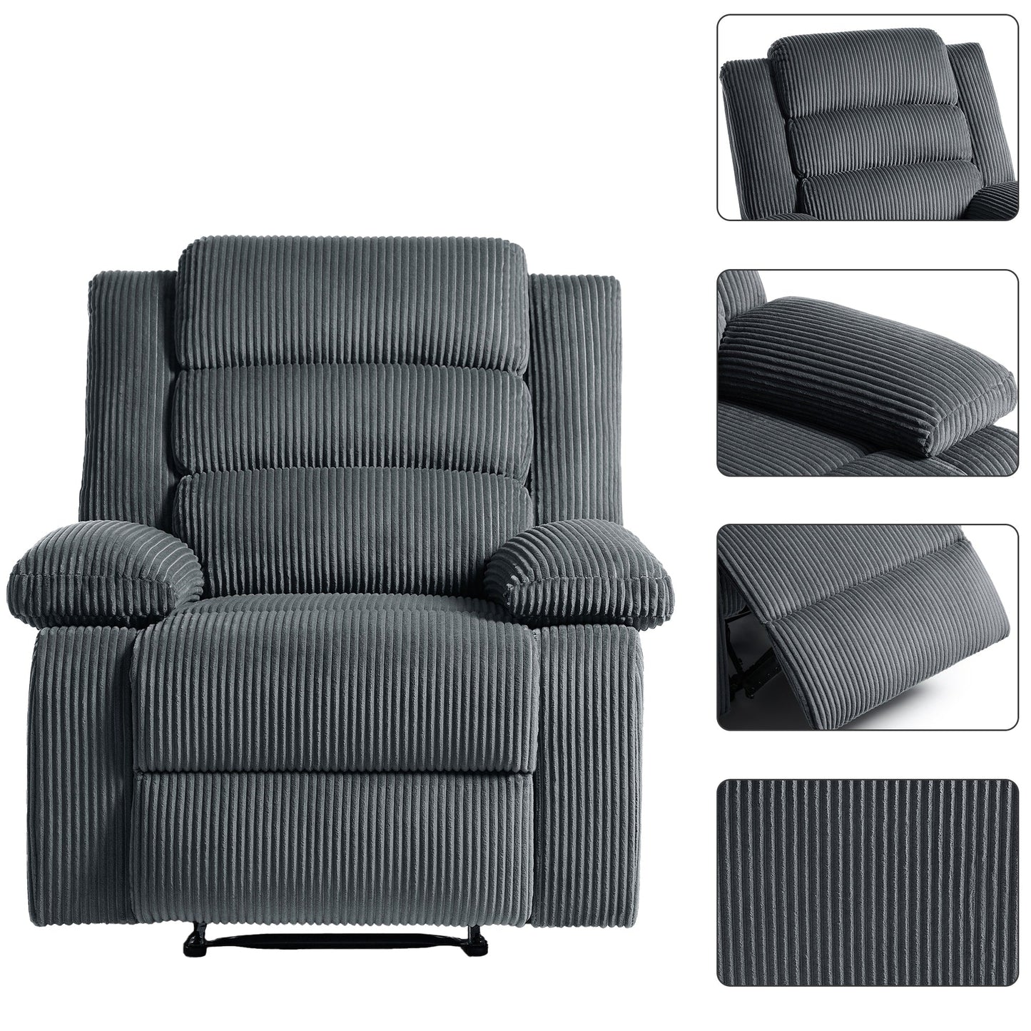 Fauteuil inclinable manuel rembourré en velours côtelé de coton avec accoudoirs larges