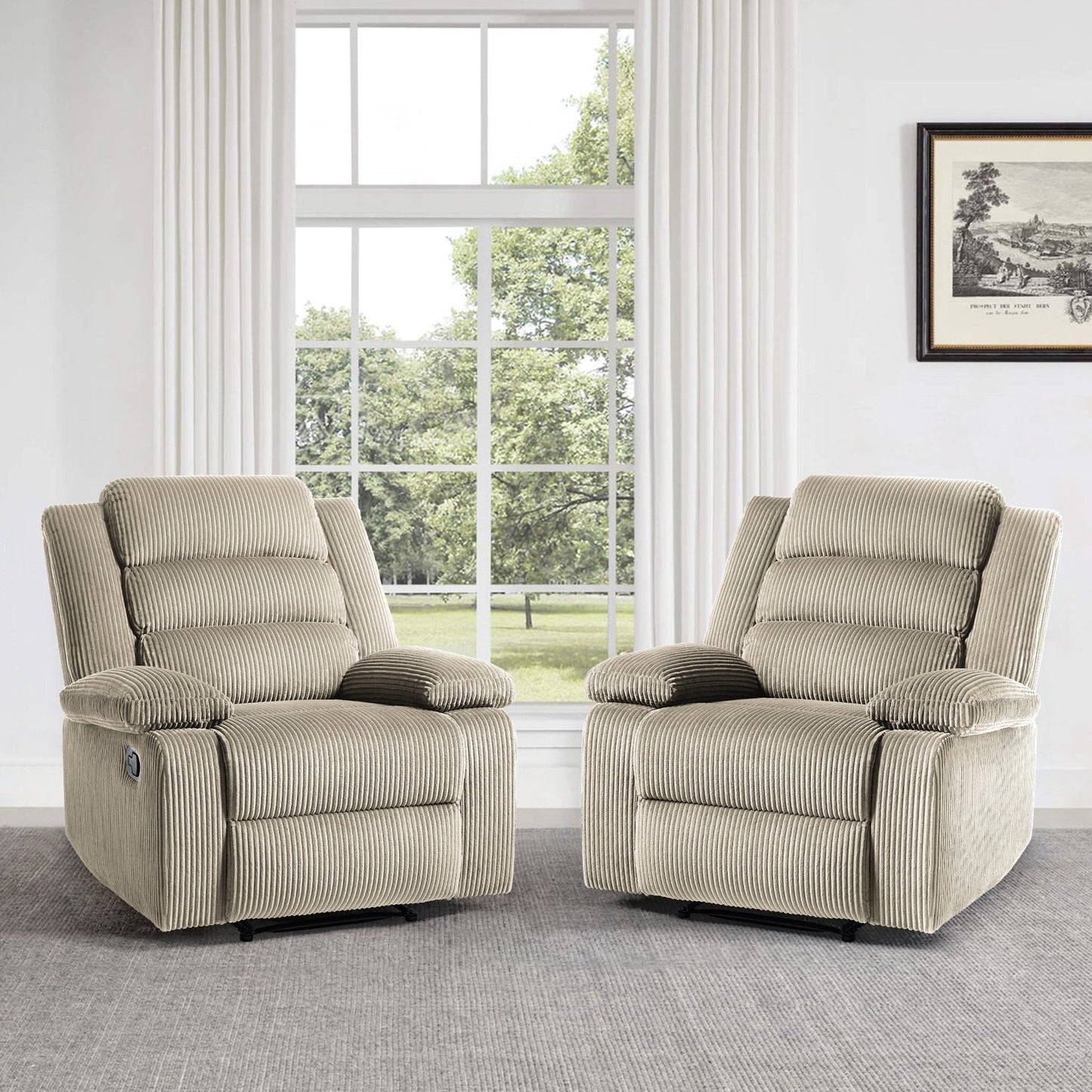 Fauteuil inclinable manuel rembourré en velours côtelé de coton avec accoudoirs larges
