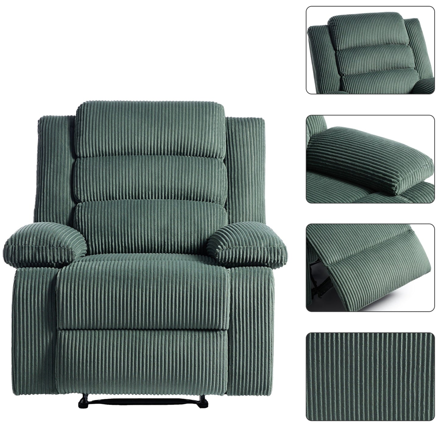 Fauteuil inclinable manuel rembourré en velours côtelé de coton avec accoudoirs larges