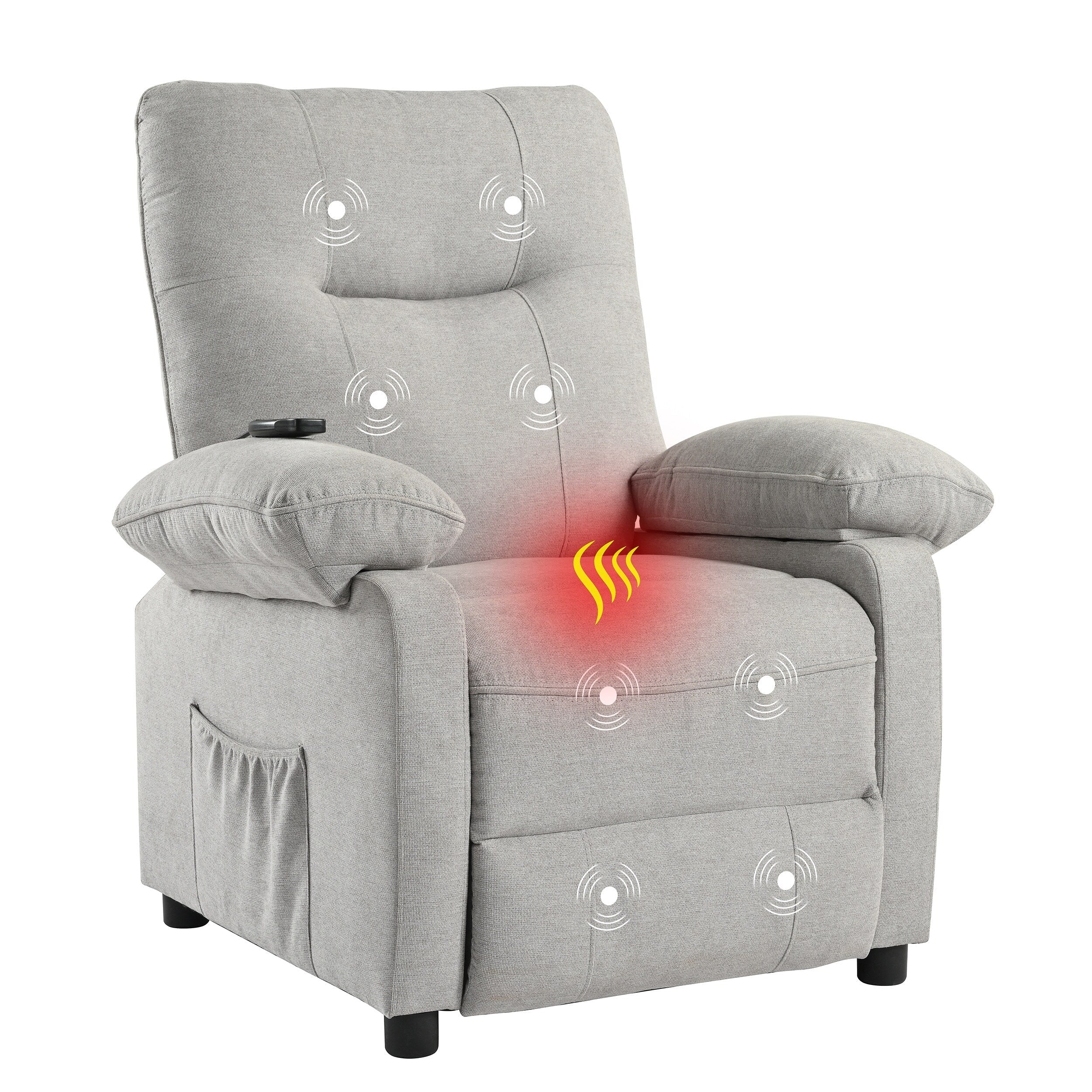 Fauteuil inclinable manuel rembourré avec massage, chauffage lombaire, accoudoirs coussinés et poches latérales