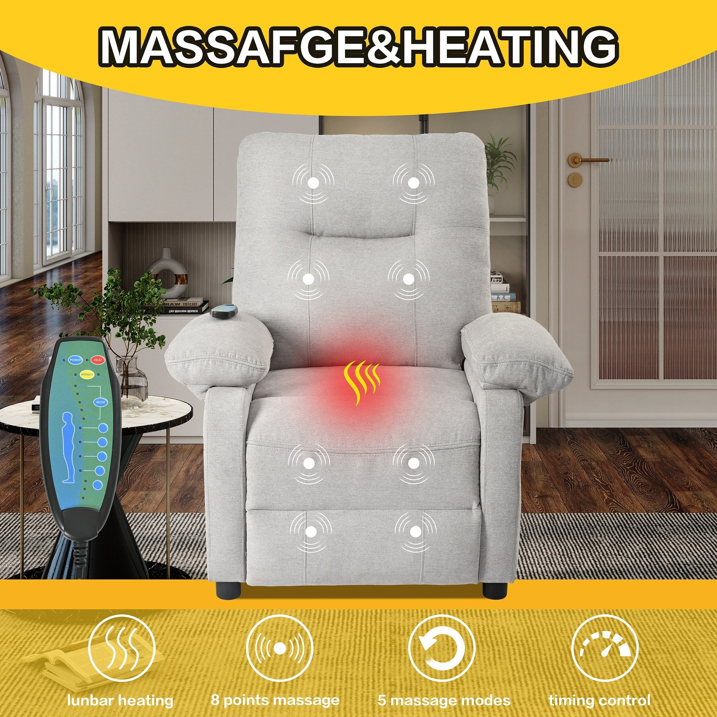 Fauteuil inclinable manuel rembourré avec massage, chauffage lombaire, accoudoirs coussinés et poches latérales
