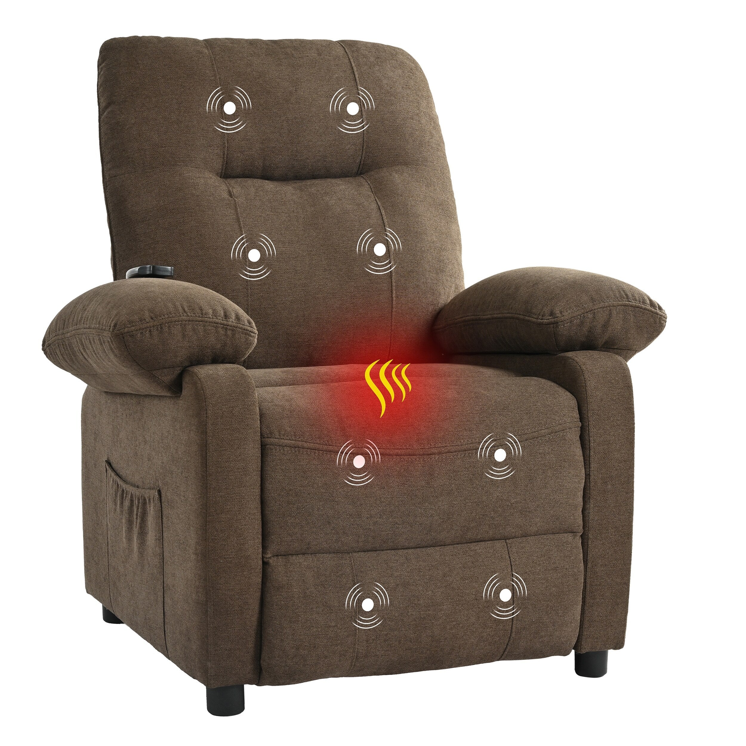 Fauteuil inclinable manuel rembourré avec massage, chauffage lombaire, accoudoirs coussinés et poches latérales