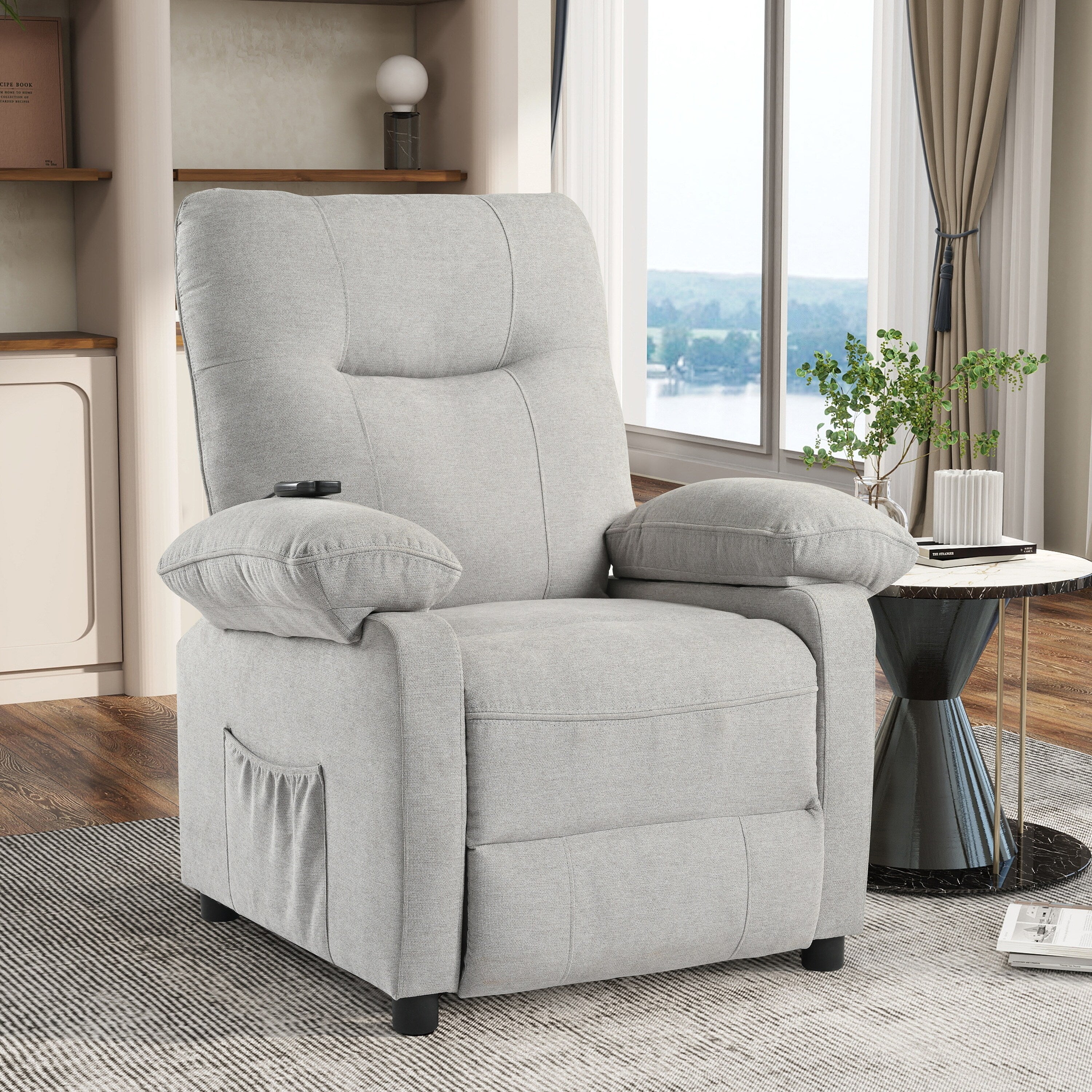 Fauteuil inclinable manuel rembourré avec massage, chauffage lombaire, accoudoirs coussinés et poches latérales