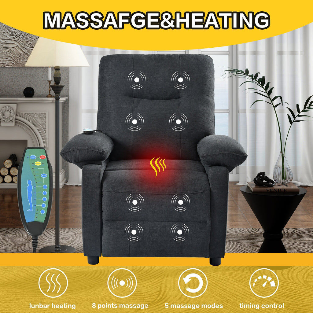 Fauteuil inclinable manuel rembourré avec massage, chauffage lombaire, accoudoirs coussinés et poches latérales