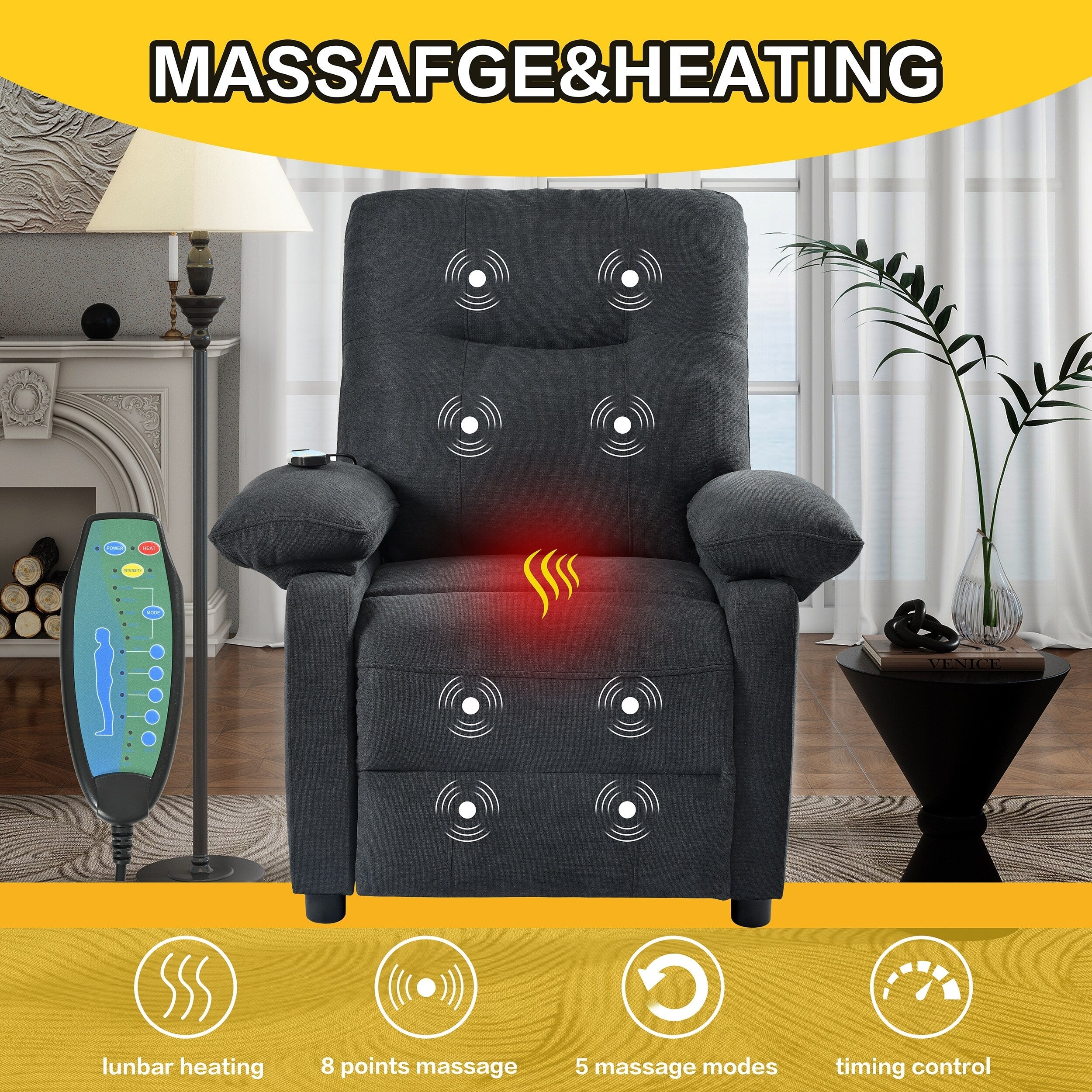 Fauteuil inclinable manuel rembourré avec massage, chauffage lombaire, accoudoirs coussinés et poches latérales