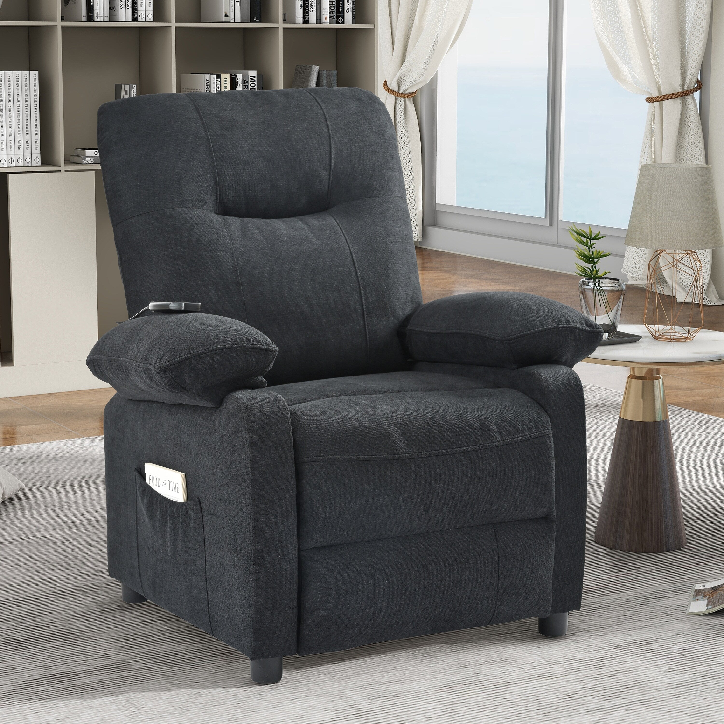 Fauteuil inclinable manuel rembourré avec massage, chauffage lombaire, accoudoirs coussinés et poches latérales