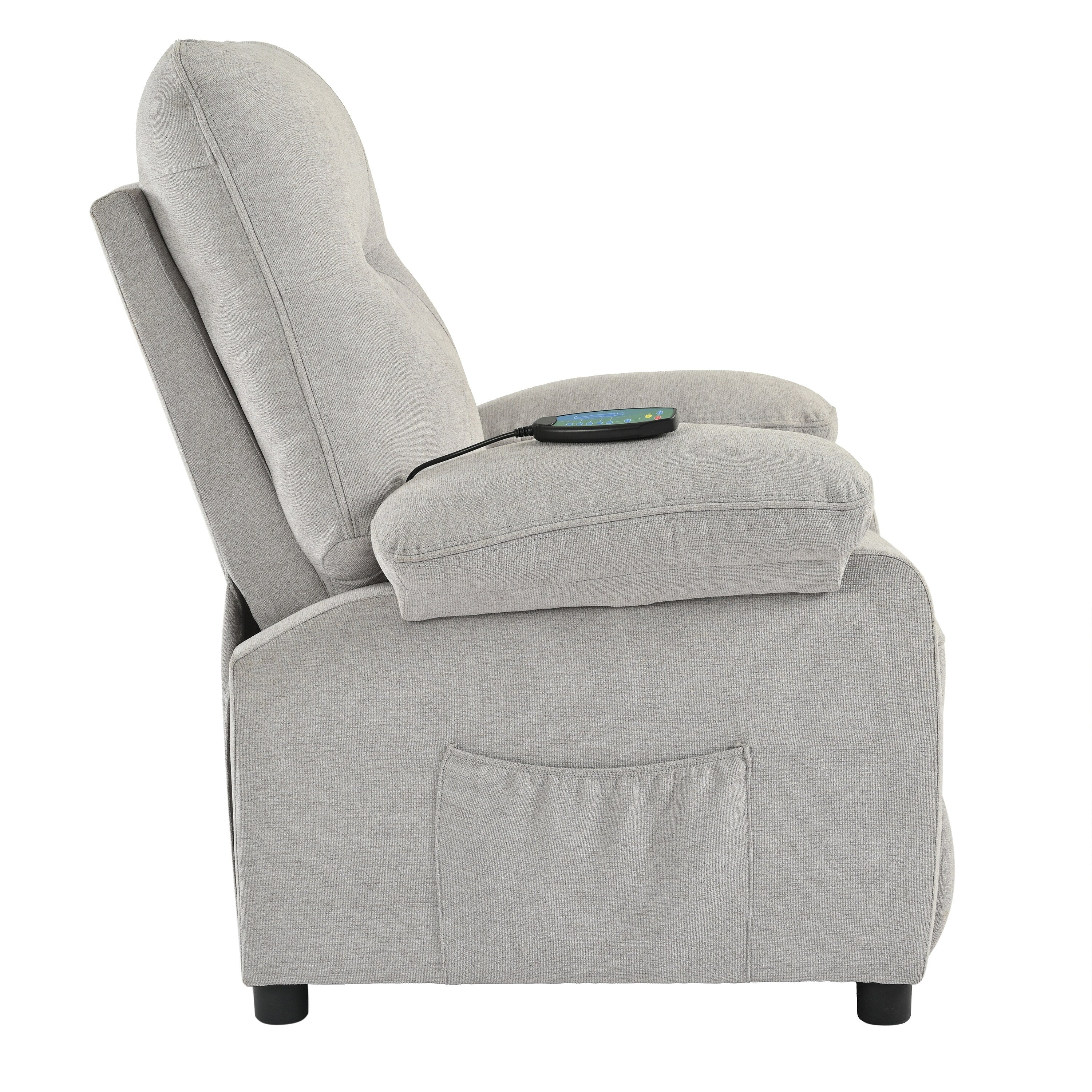 Fauteuil inclinable manuel rembourré avec massage, chauffage lombaire, accoudoirs coussinés et poches latérales