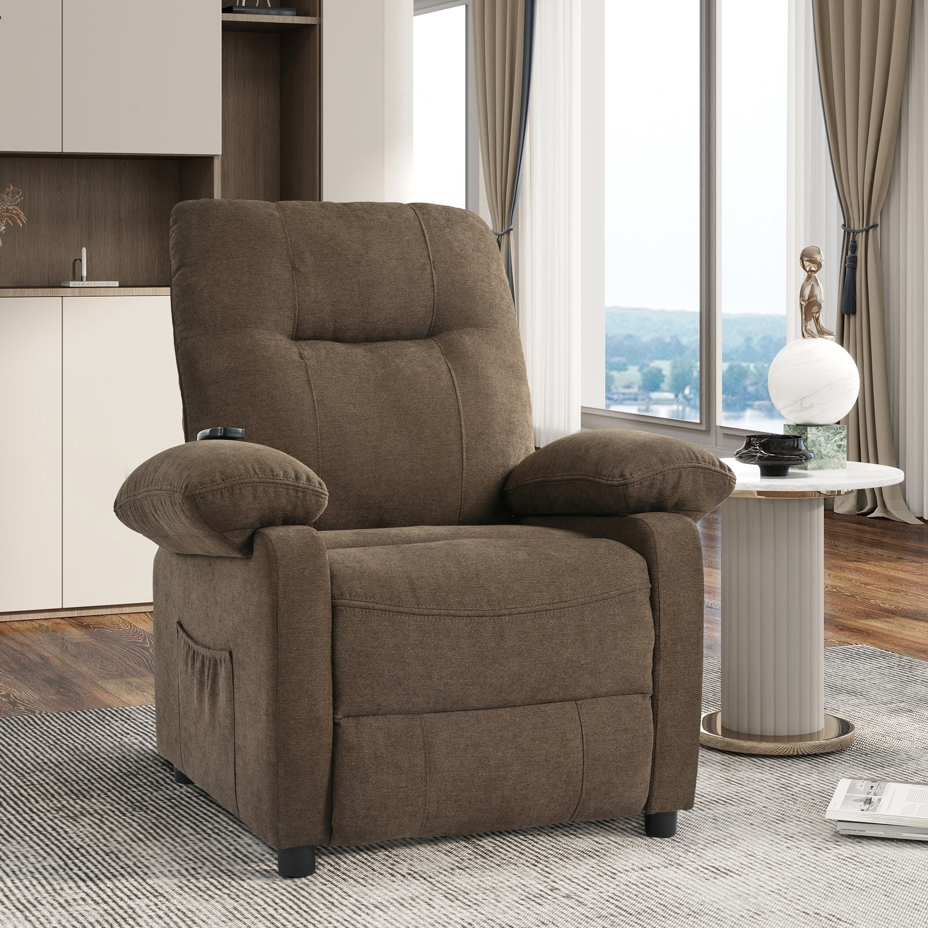 Fauteuil inclinable manuel rembourré avec massage, chauffage lombaire, accoudoirs coussinés et poches latérales