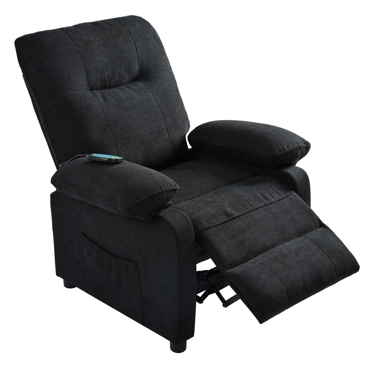 Fauteuil inclinable manuel rembourré avec massage, chauffage lombaire, accoudoirs coussinés et poches latérales