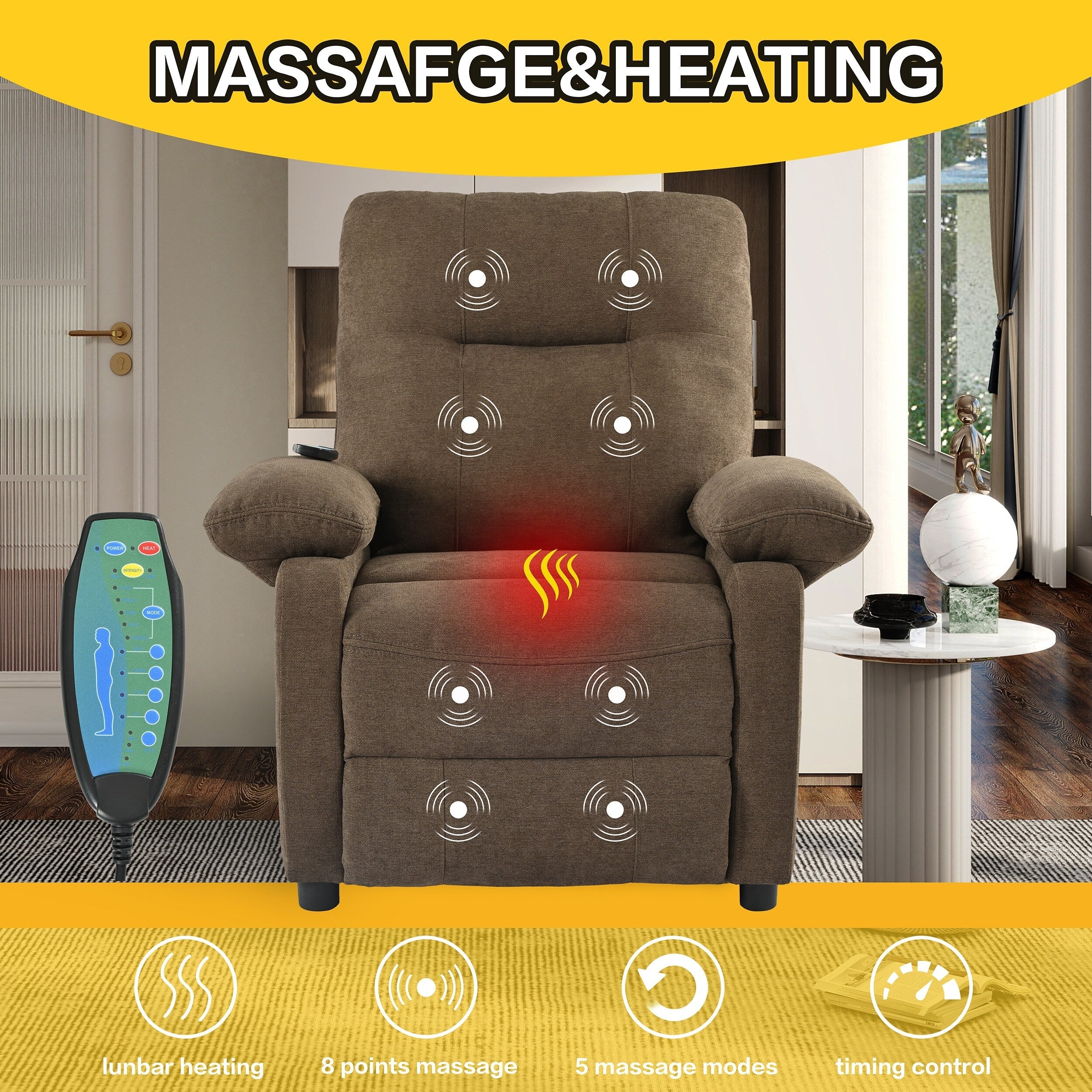Fauteuil inclinable manuel rembourré avec massage, chauffage lombaire, accoudoirs coussinés et poches latérales