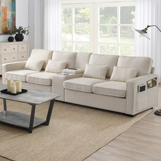 Canapé rembourré avec console, 2 porte-gobelets et 2 ports USB, chargement filaire ou sans fil, canapés en tissu lin avec 4 coussins