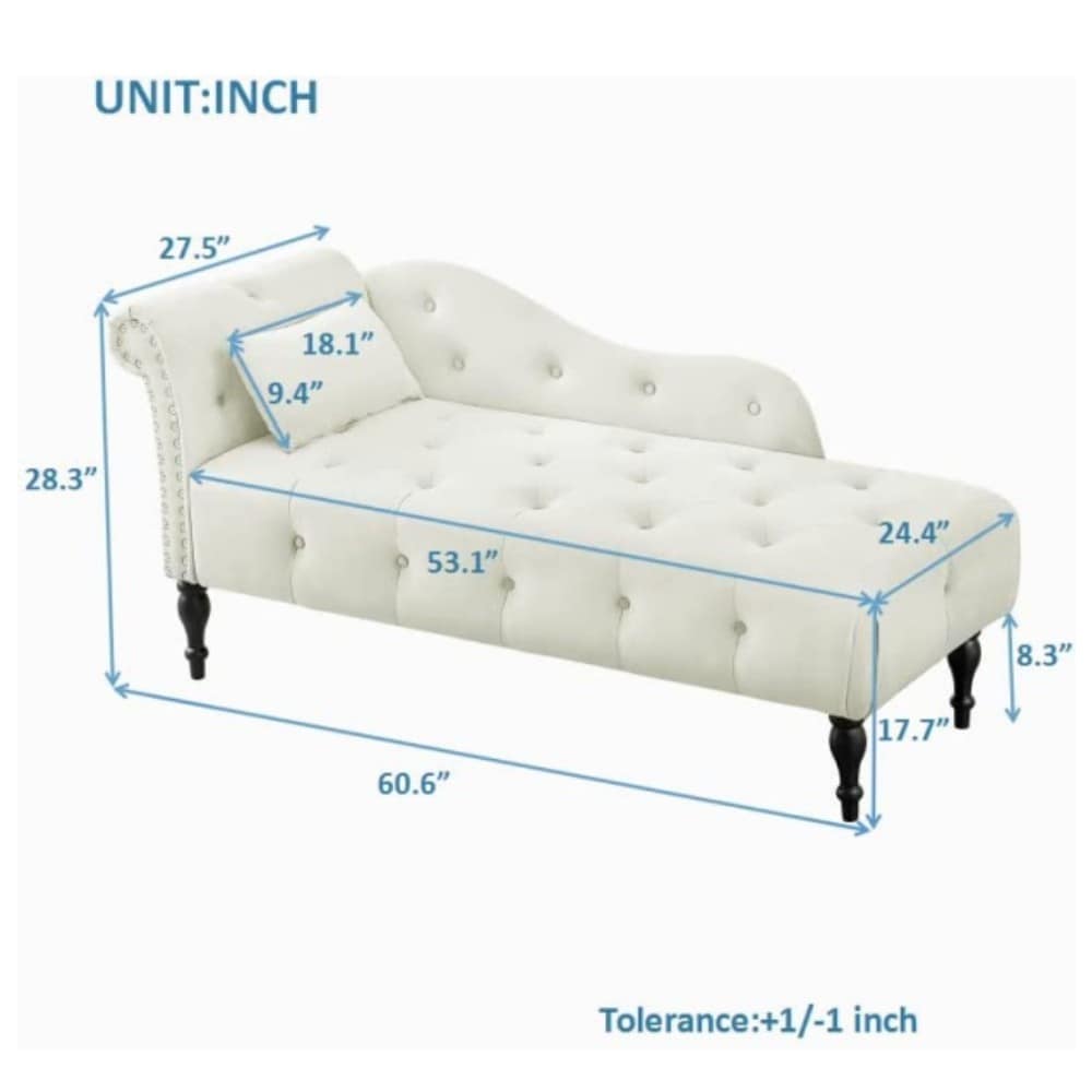 Chaise longue en velours 61 avec 1 oreiller et garniture cloutée