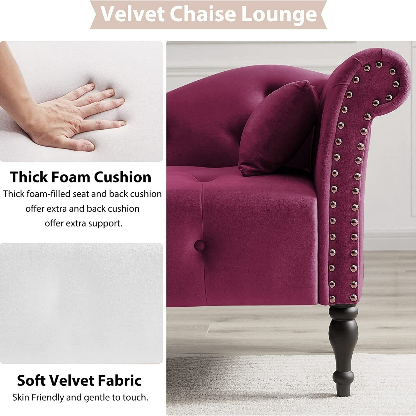 Chaise longue en velours 61 avec 1 oreiller et garniture cloutée