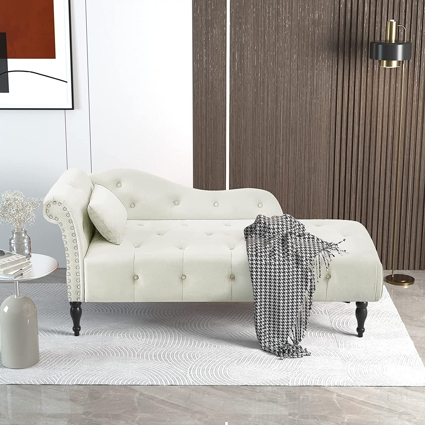 Chaise longue en velours 61 avec 1 oreiller et garniture cloutée