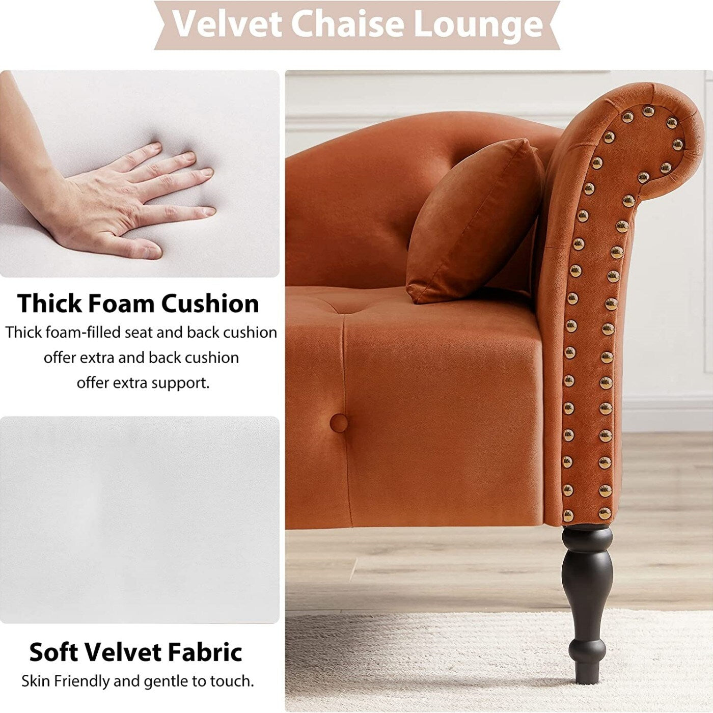 Chaise longue en velours 61 avec 1 oreiller et garniture cloutée