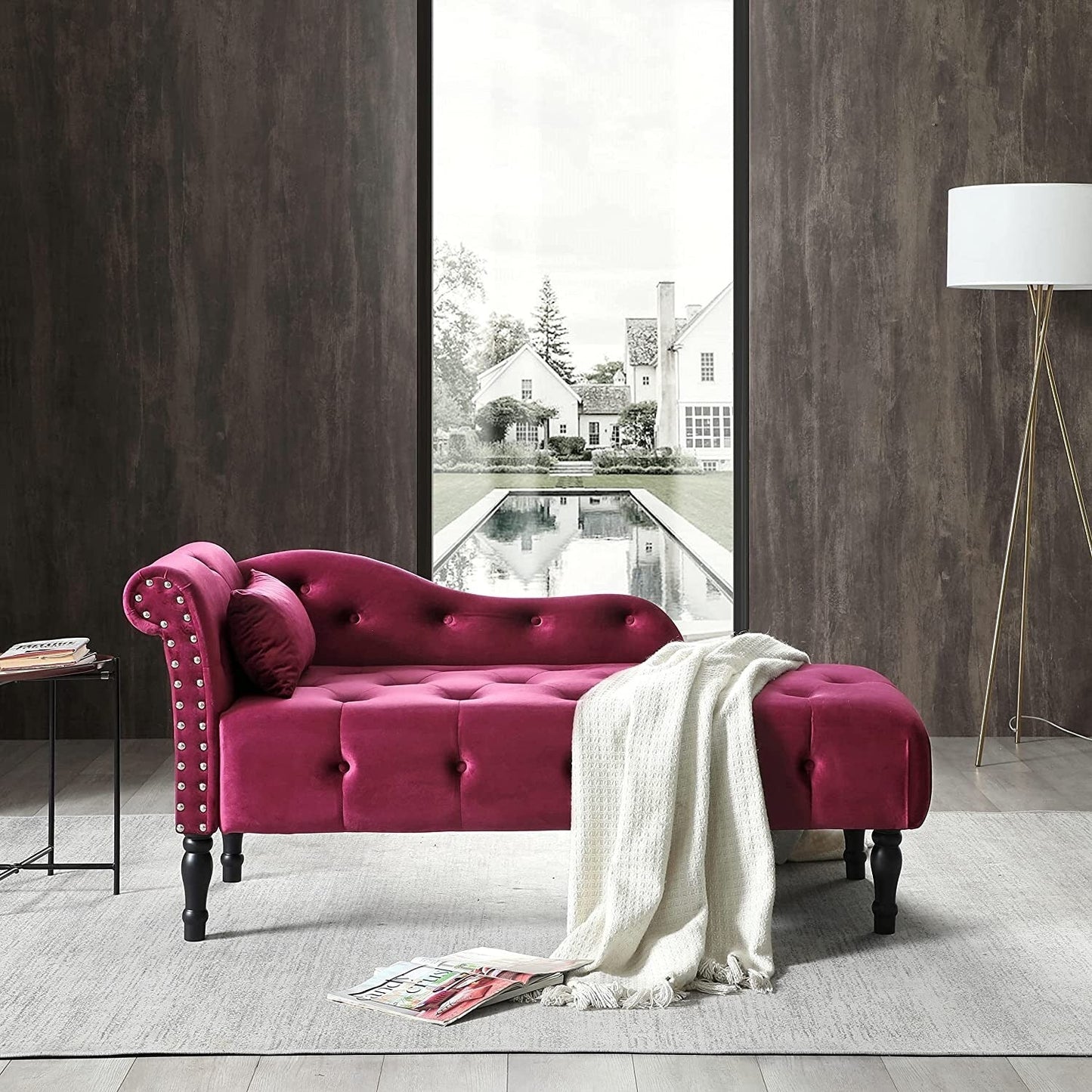 Chaise longue en velours 61 avec 1 oreiller et garniture cloutée