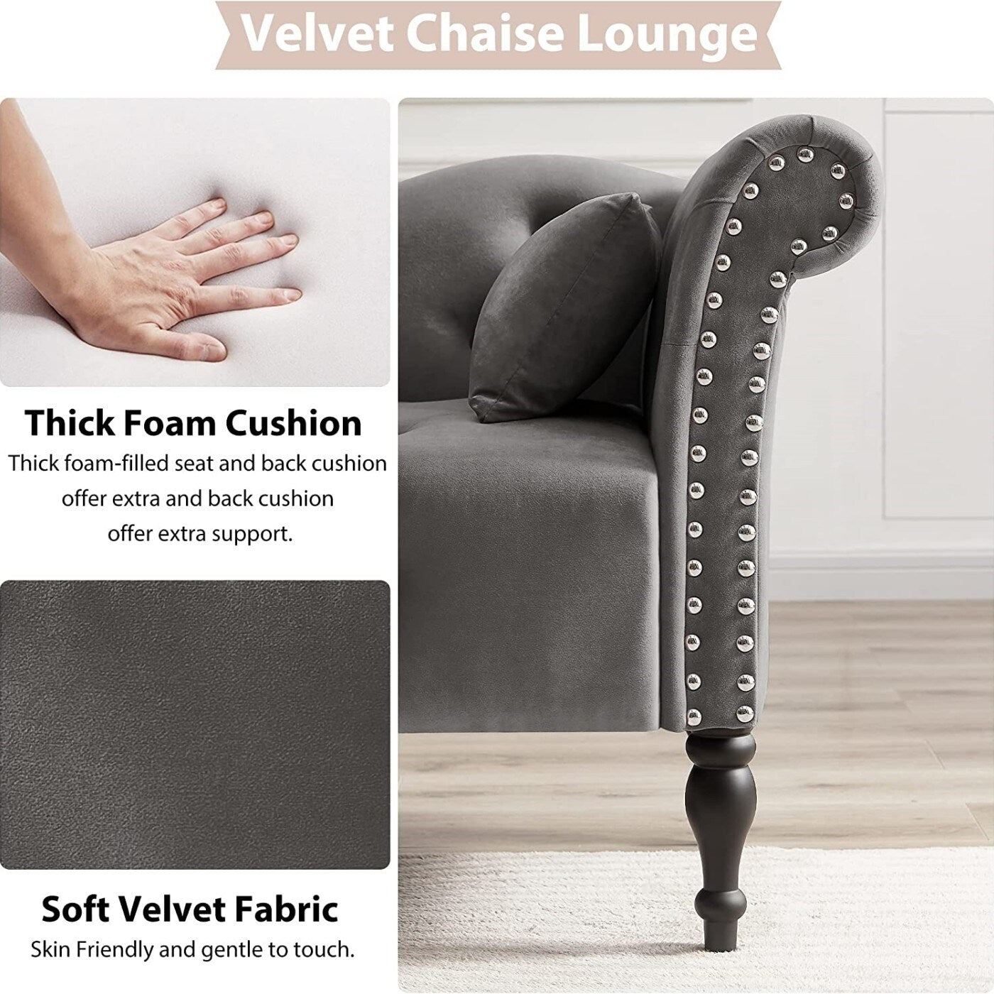 Chaise longue en velours 61 avec 1 oreiller et garniture cloutée