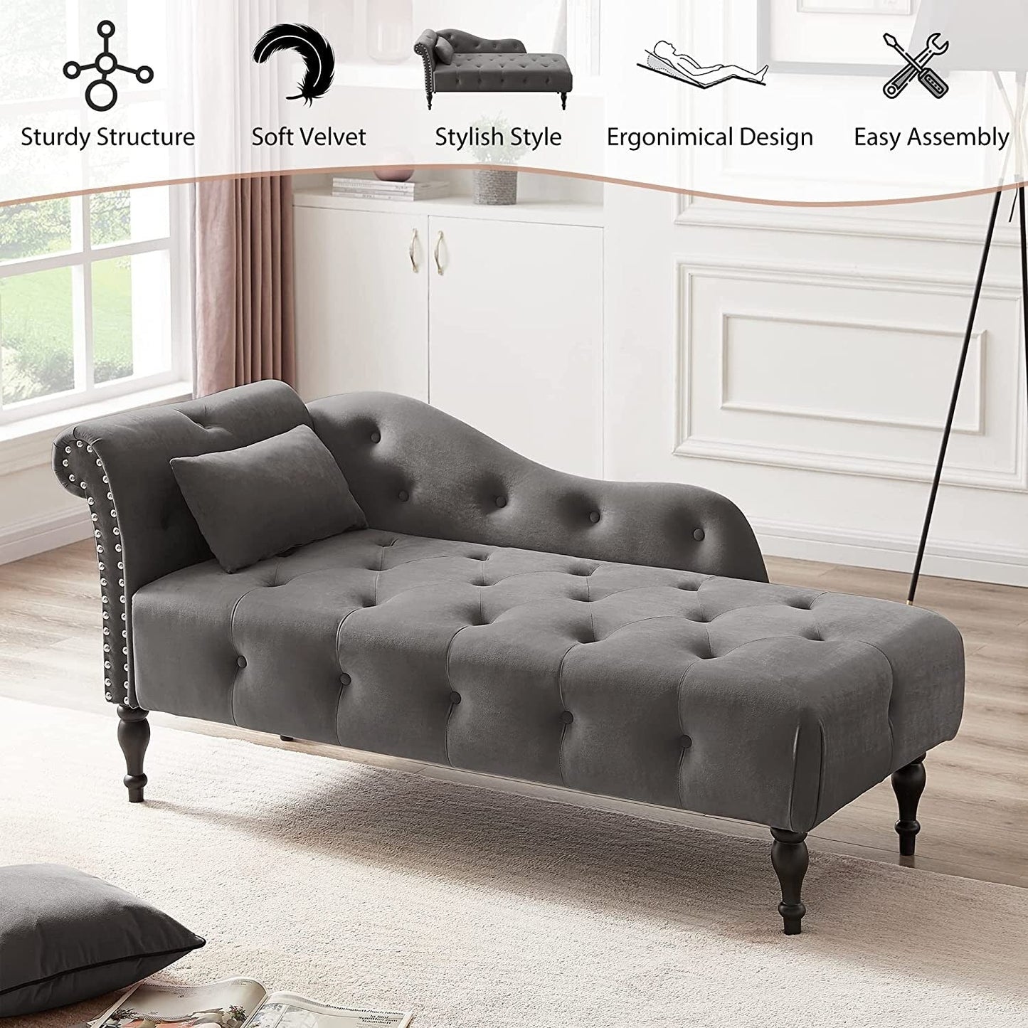 Chaise longue en velours 61 avec 1 oreiller et garniture cloutée