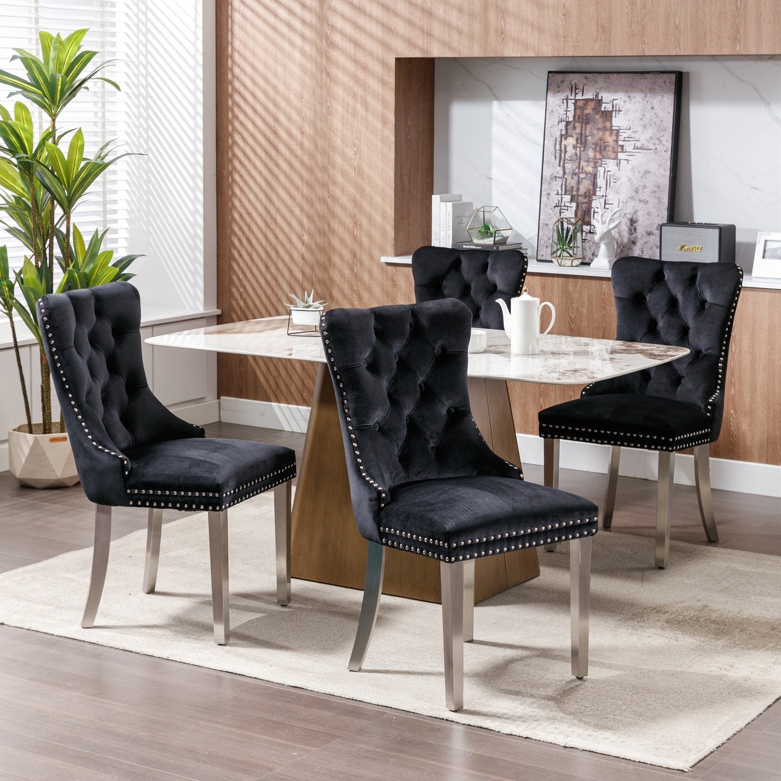 Lot de 6 chaises de salle à manger capitonnées en velours avec pieds en bois massif