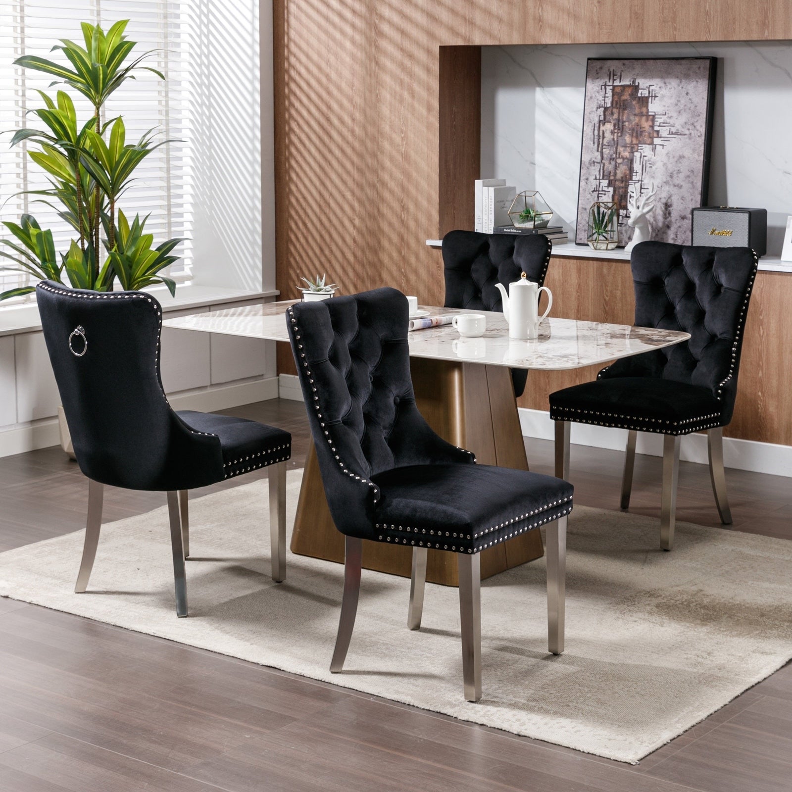 Lot de 6 chaises de salle à manger capitonnées en velours avec pieds en bois massif