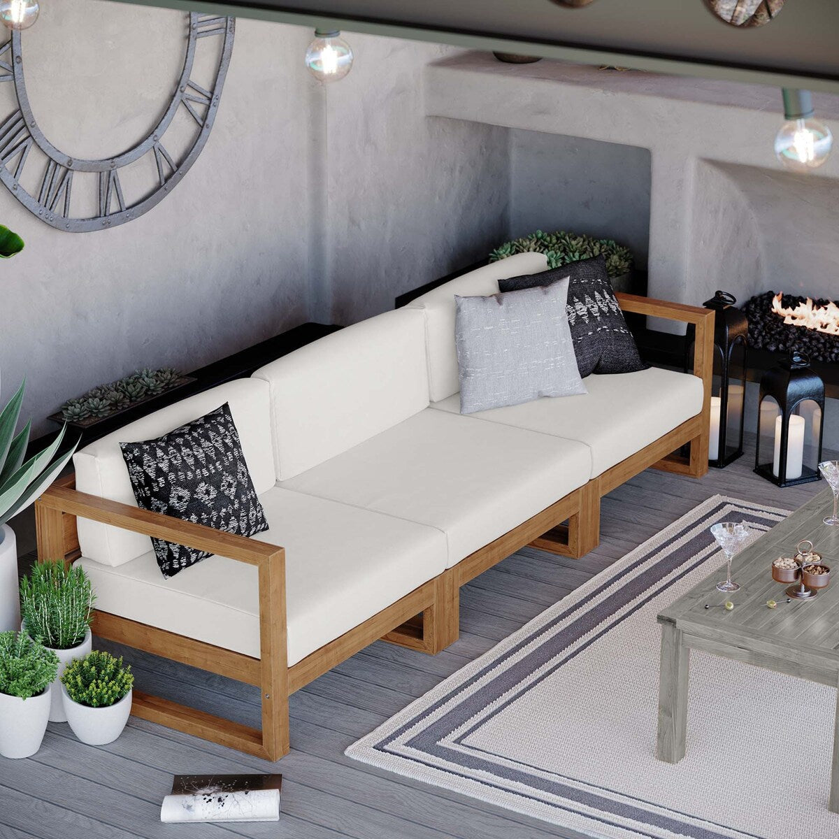 Ensemble de canapés sectionnels 3 pièces en teck pour patio extérieur Upland
