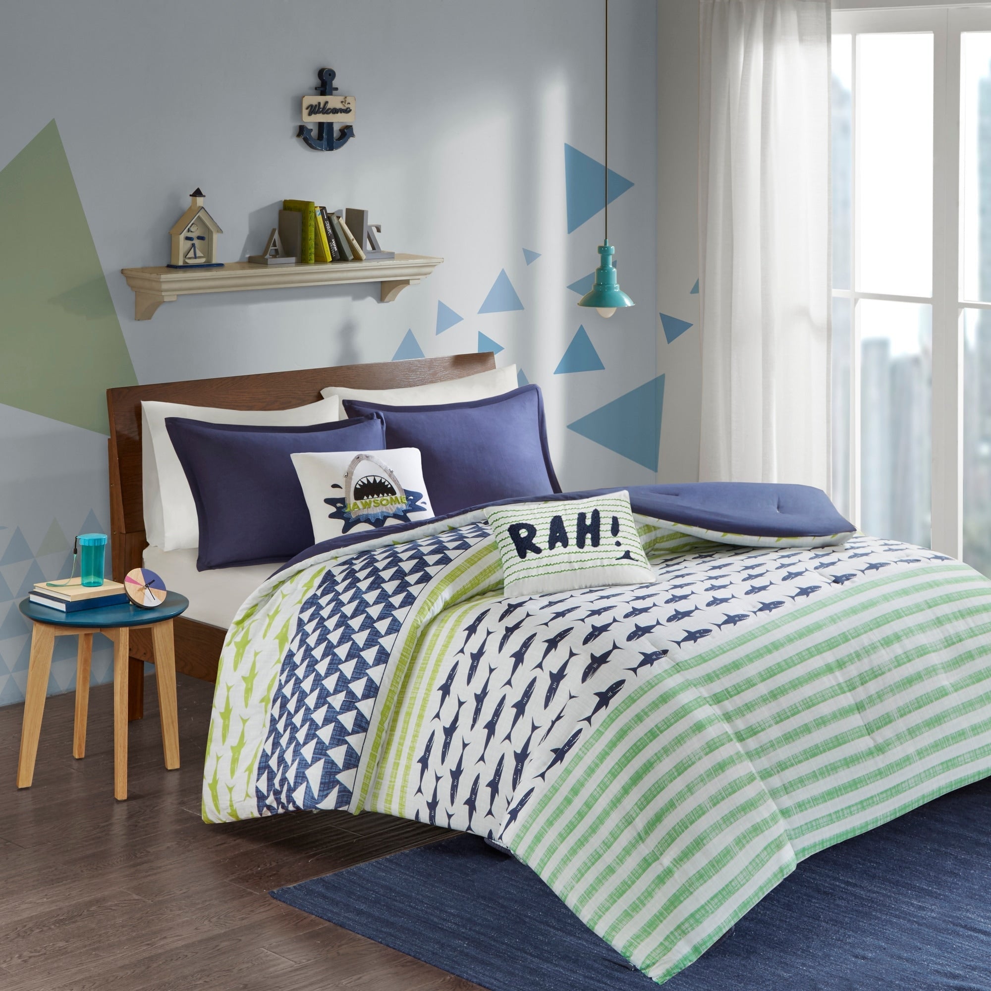 Parure de lit en coton vert/bleu marine Aaron Shark d'Urban Habitat Kids