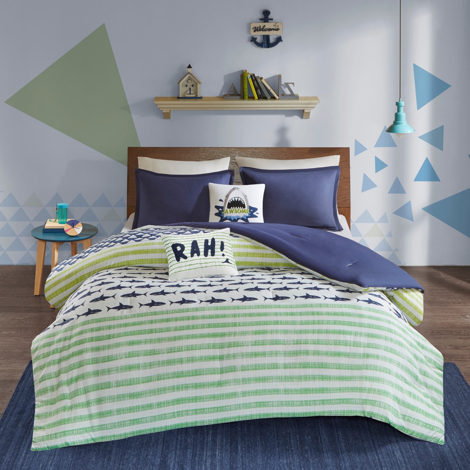 Parure de lit en coton vert/bleu marine Aaron Shark d'Urban Habitat Kids