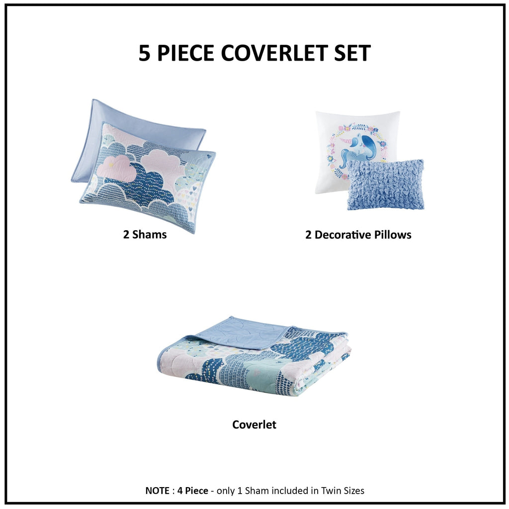 Parure de lit réversible en coton bleu KidsBliss avec coussins décoratifs
