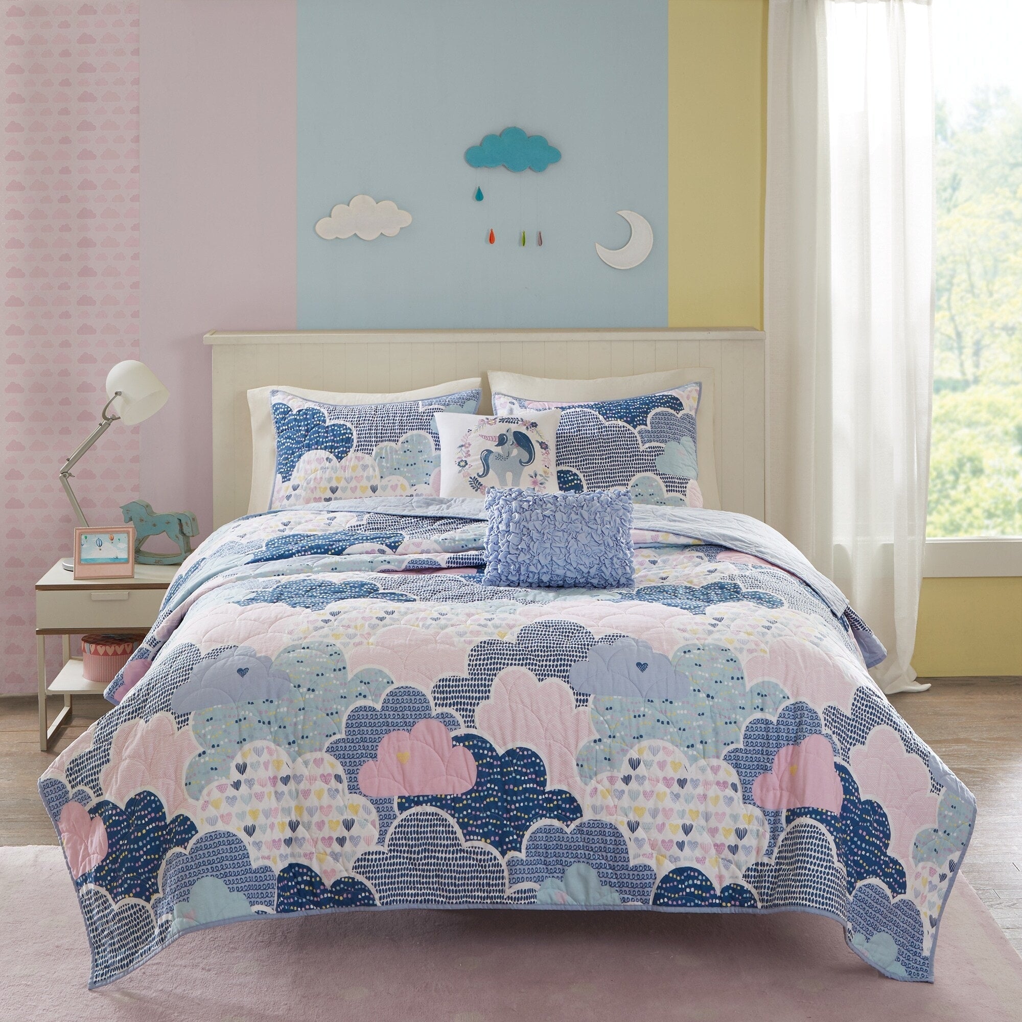 Parure de lit réversible en coton bleu KidsBliss avec coussins décoratifs