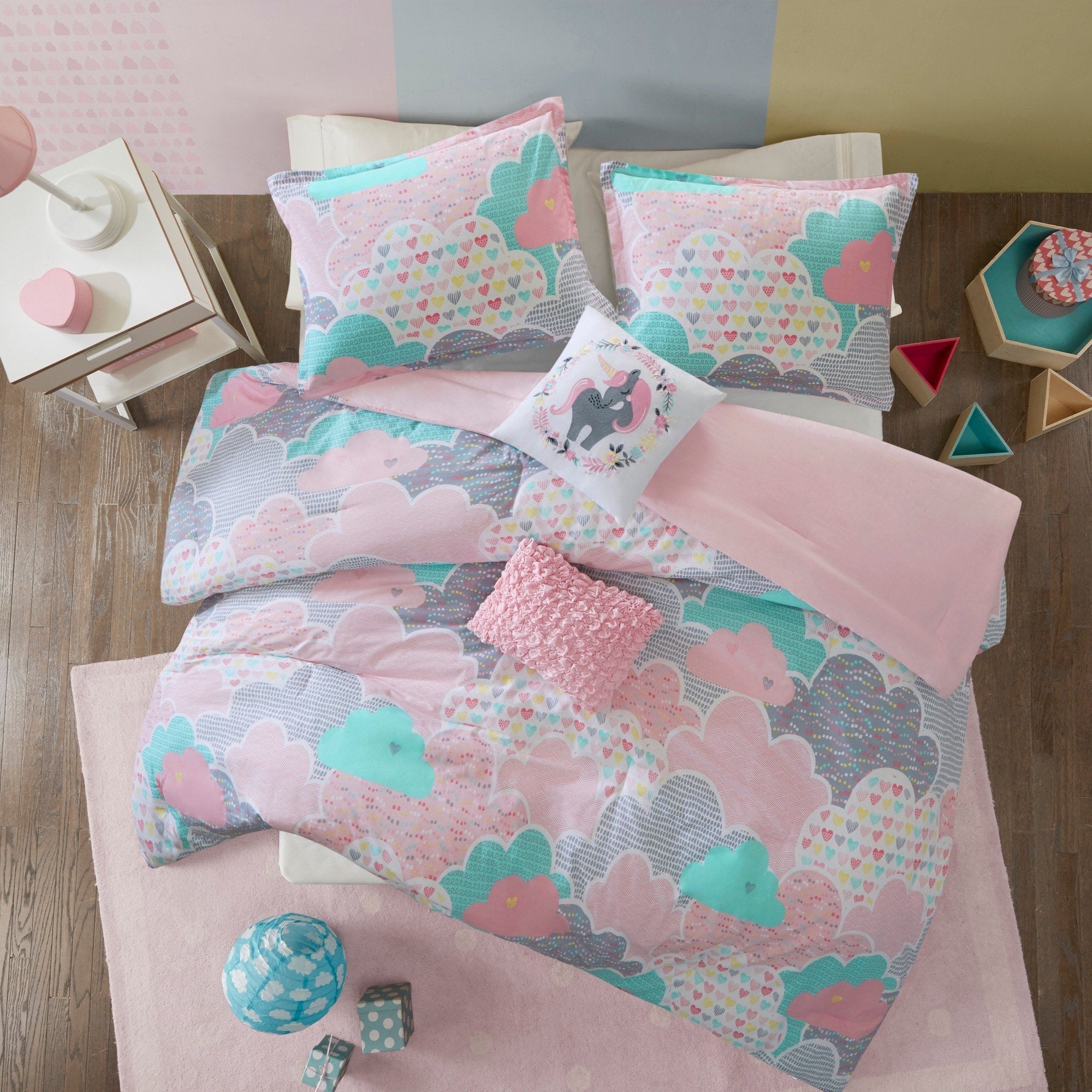 Parure de lit 5 pièces en coton imprimé rose « Intelligent Design Kids Bliss »