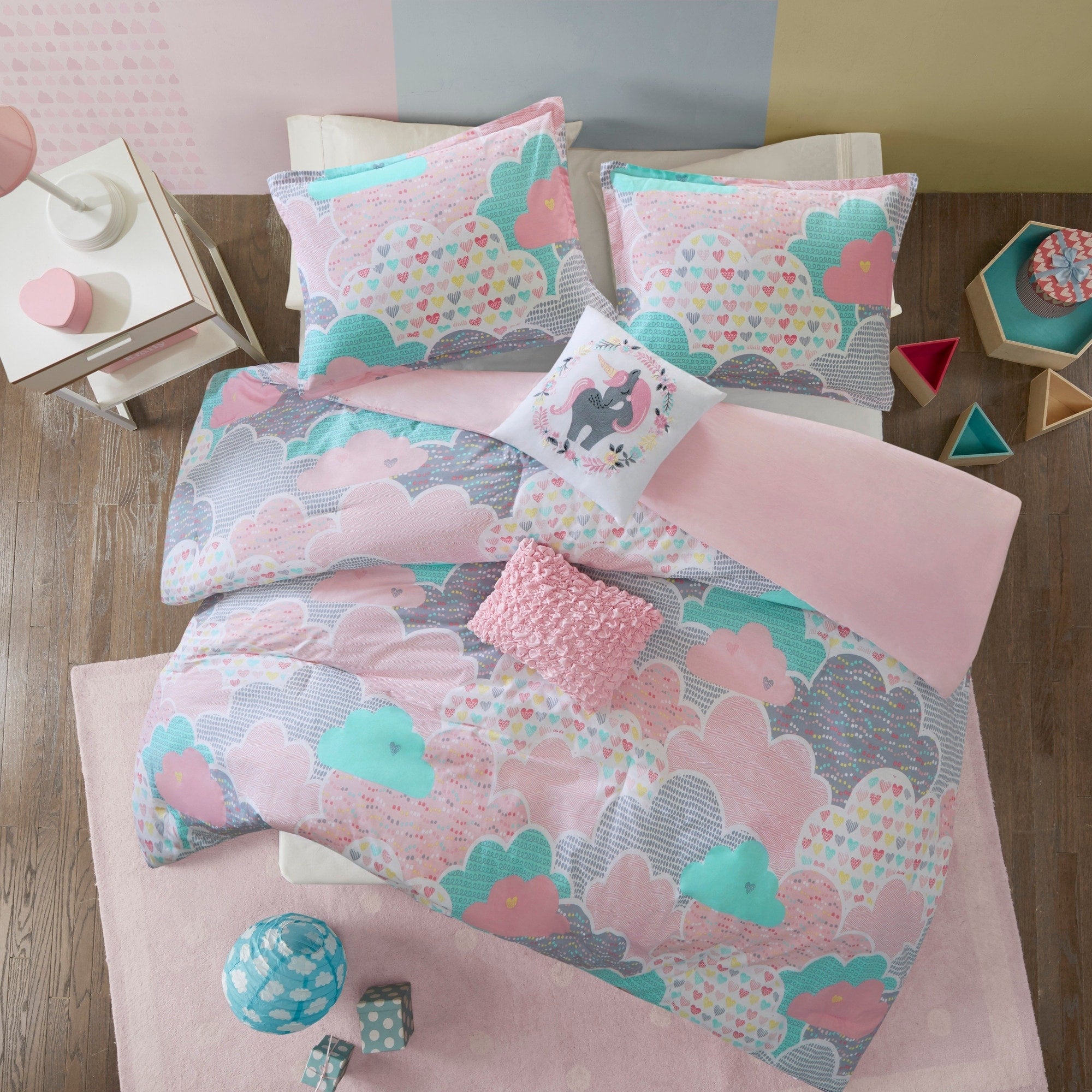 Parure de lit 5 pièces en coton imprimé rose « Intelligent Design Kids Bliss »