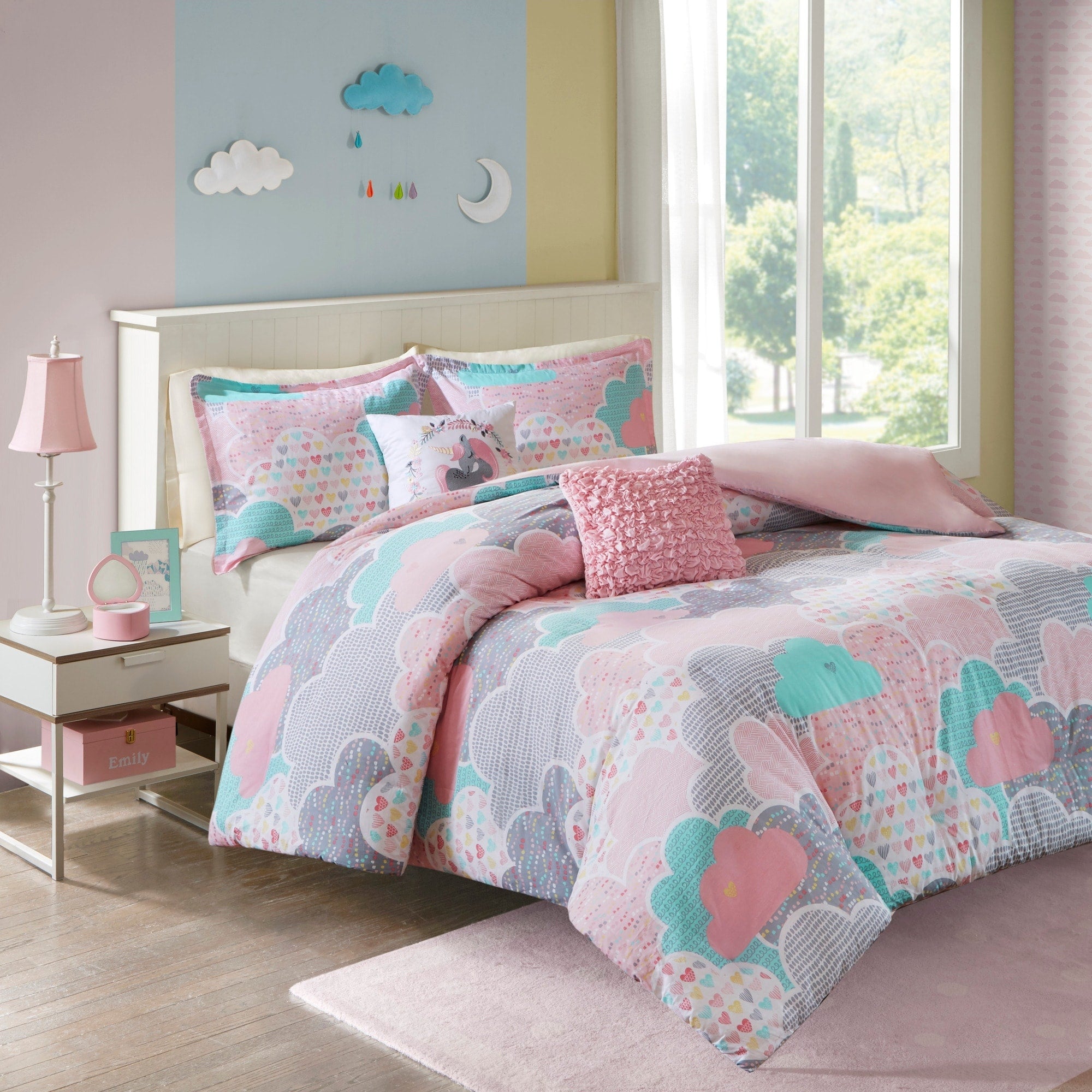 Parure de lit 5 pièces en coton imprimé rose « Intelligent Design Kids Bliss »
