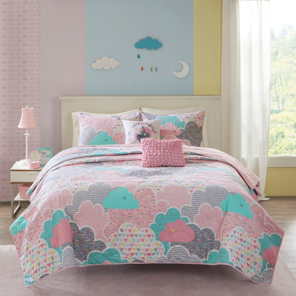 Parure de lit réversible en coton rose « Intelligent Design » pour enfants avec coussins décoratifs