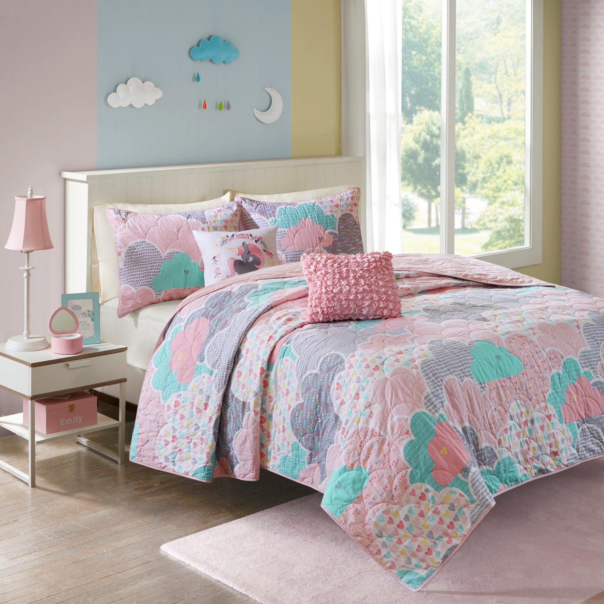 Parure de lit réversible en coton rose « Intelligent Design » pour enfants avec coussins décoratifs