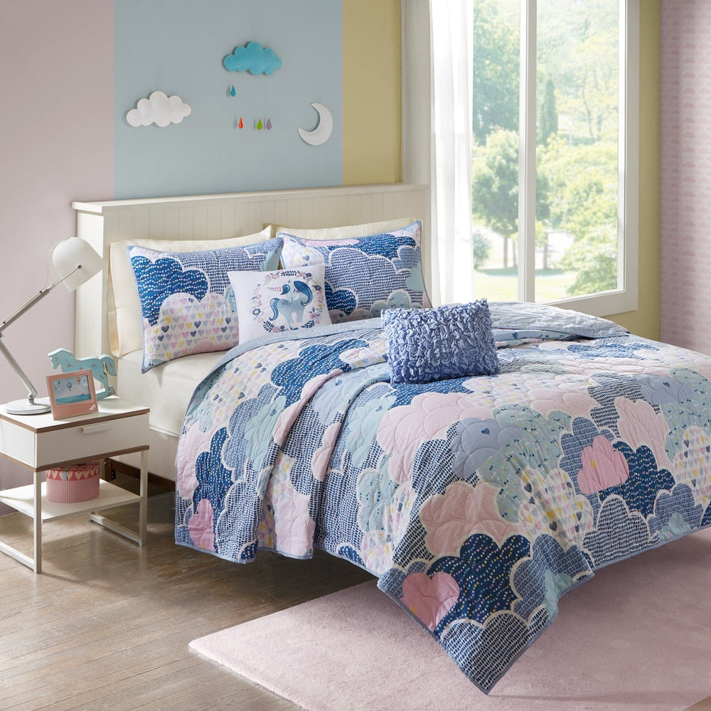 Parure de lit réversible en coton bleu KidsBliss avec coussins décoratifs