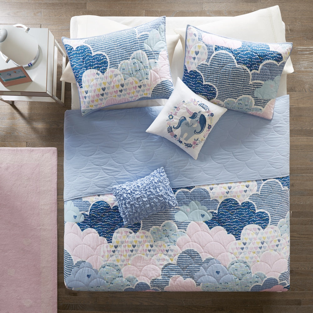 Parure de lit réversible en coton bleu KidsBliss avec coussins décoratifs