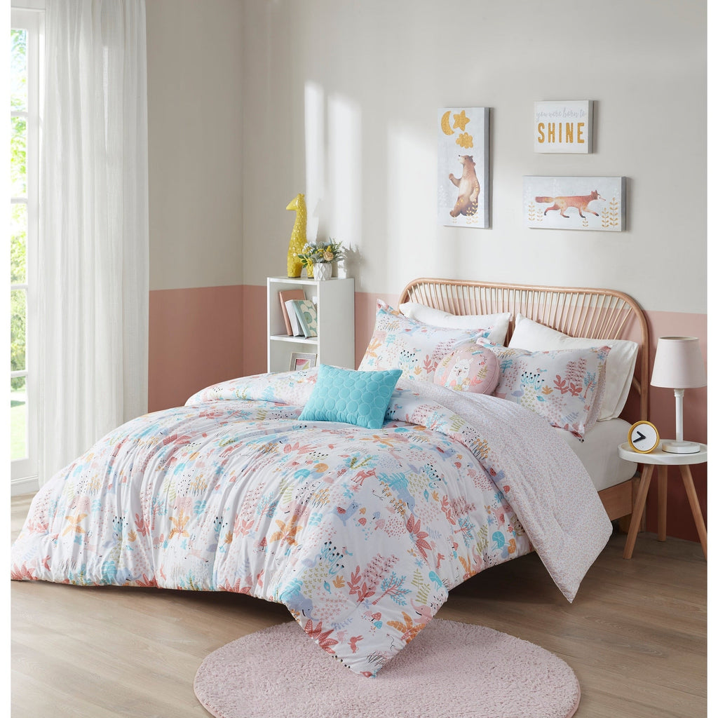 Parure de lit réversible en coton à motif animaux de la forêt, motif Kinsley Blush, design intelligent pour enfants