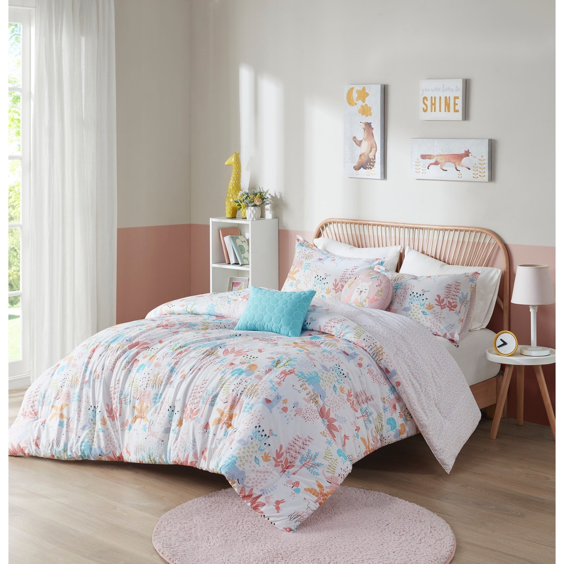 Parure de lit réversible en coton à motif animaux de la forêt, motif Kinsley Blush, design intelligent pour enfants