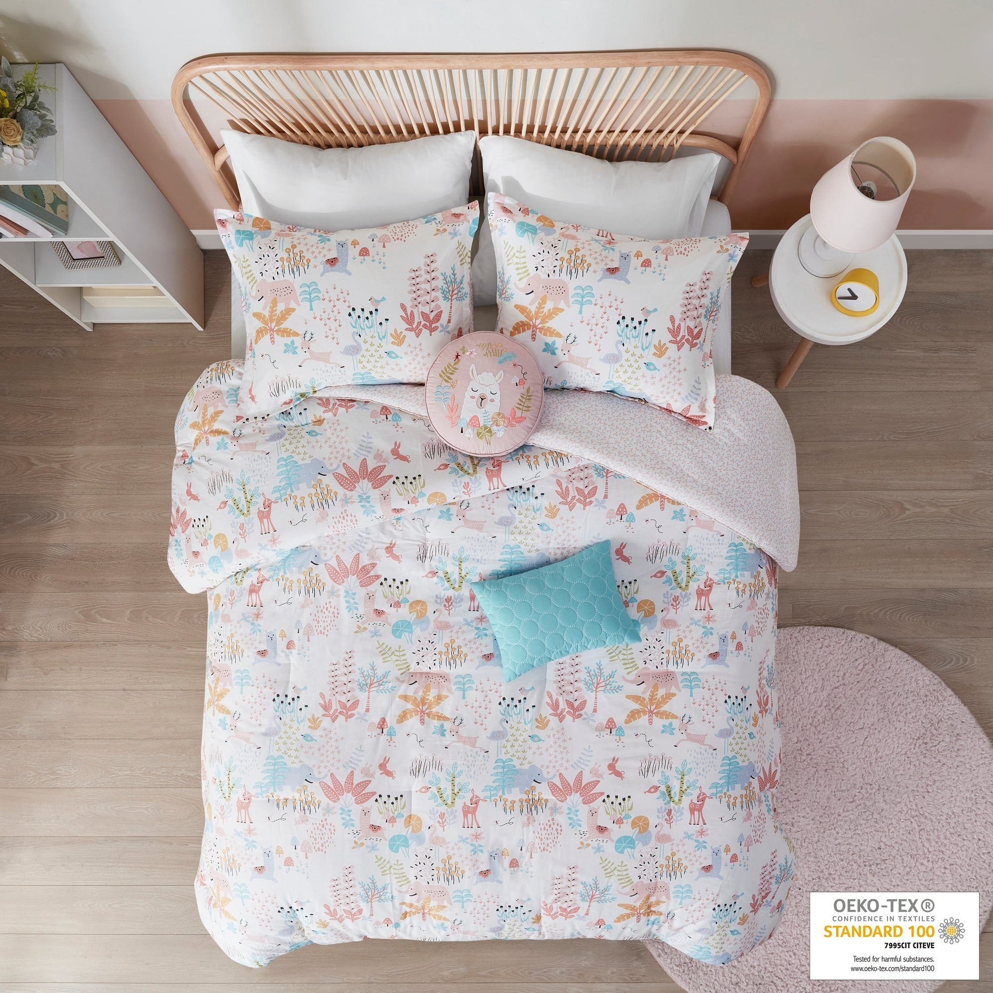 Parure de lit réversible en coton à motif animaux de la forêt, motif Kinsley Blush, design intelligent pour enfants