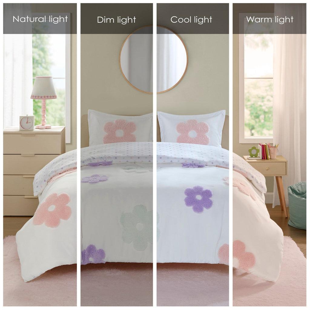 Parure de lit réversible en chenille touffetée à motif floral Madeline pour enfants au design intelligent