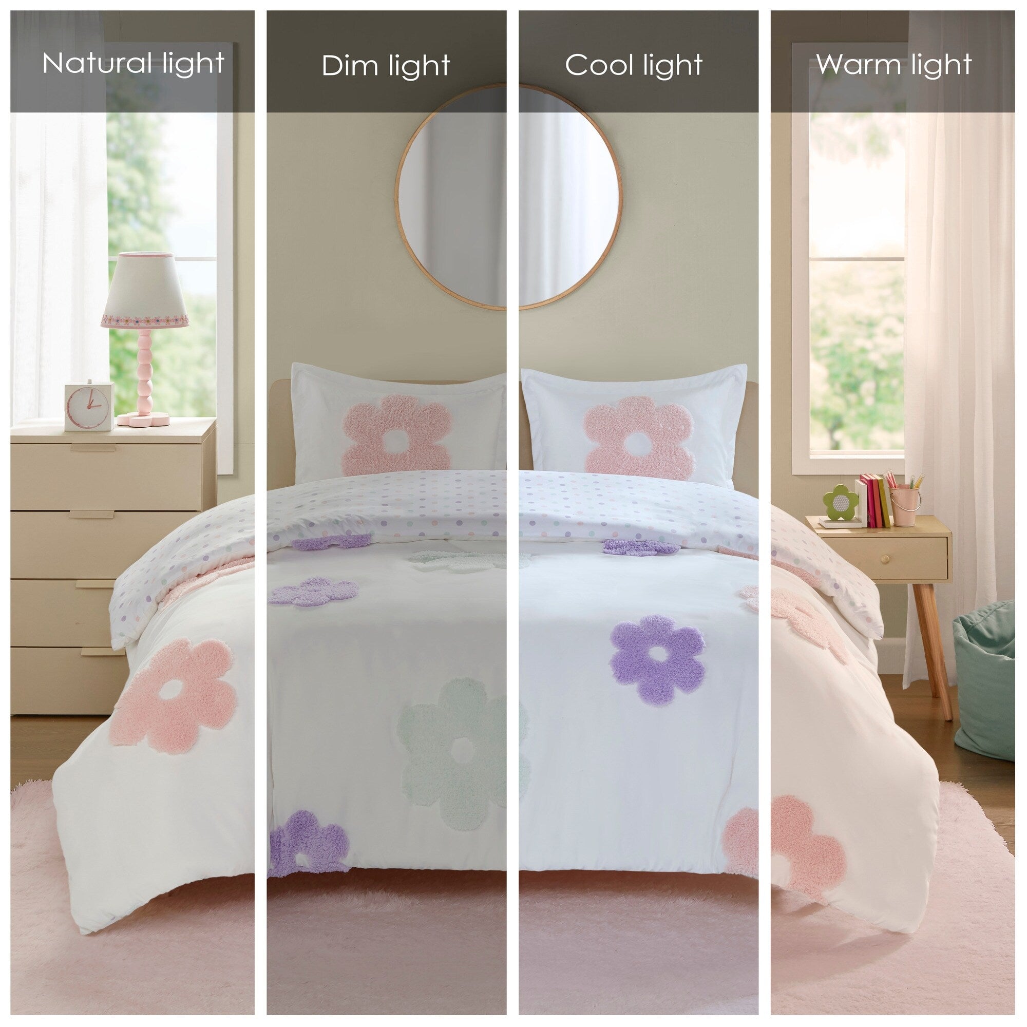 Parure de lit réversible en chenille touffetée à motif floral Madeline pour enfants au design intelligent