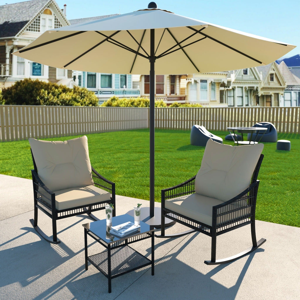 Ensemble de 3 chaises à bascule et table basse en rotin pour patio extérieur VEIKOUS avec coussins et oreillers