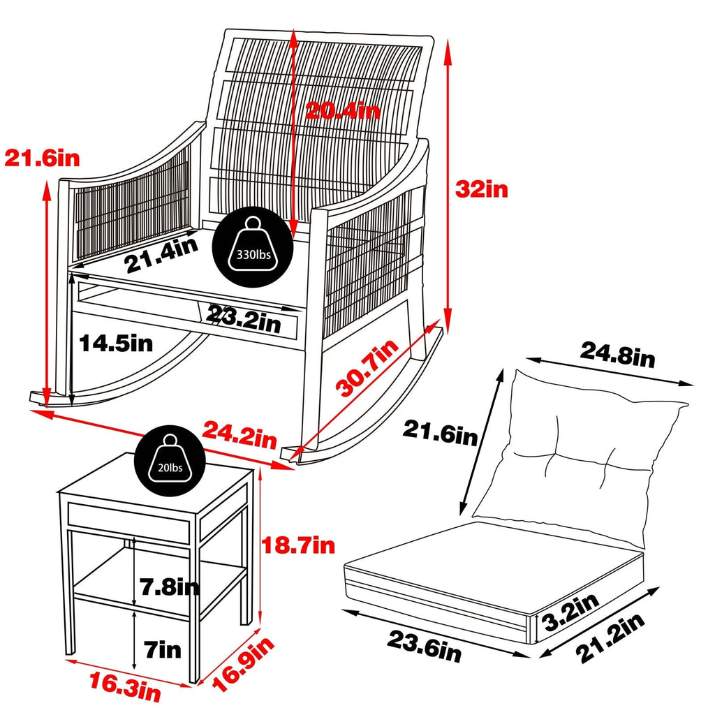 Ensemble de 3 chaises à bascule et table basse en rotin pour patio extérieur VEIKOUS avec coussins et oreillers