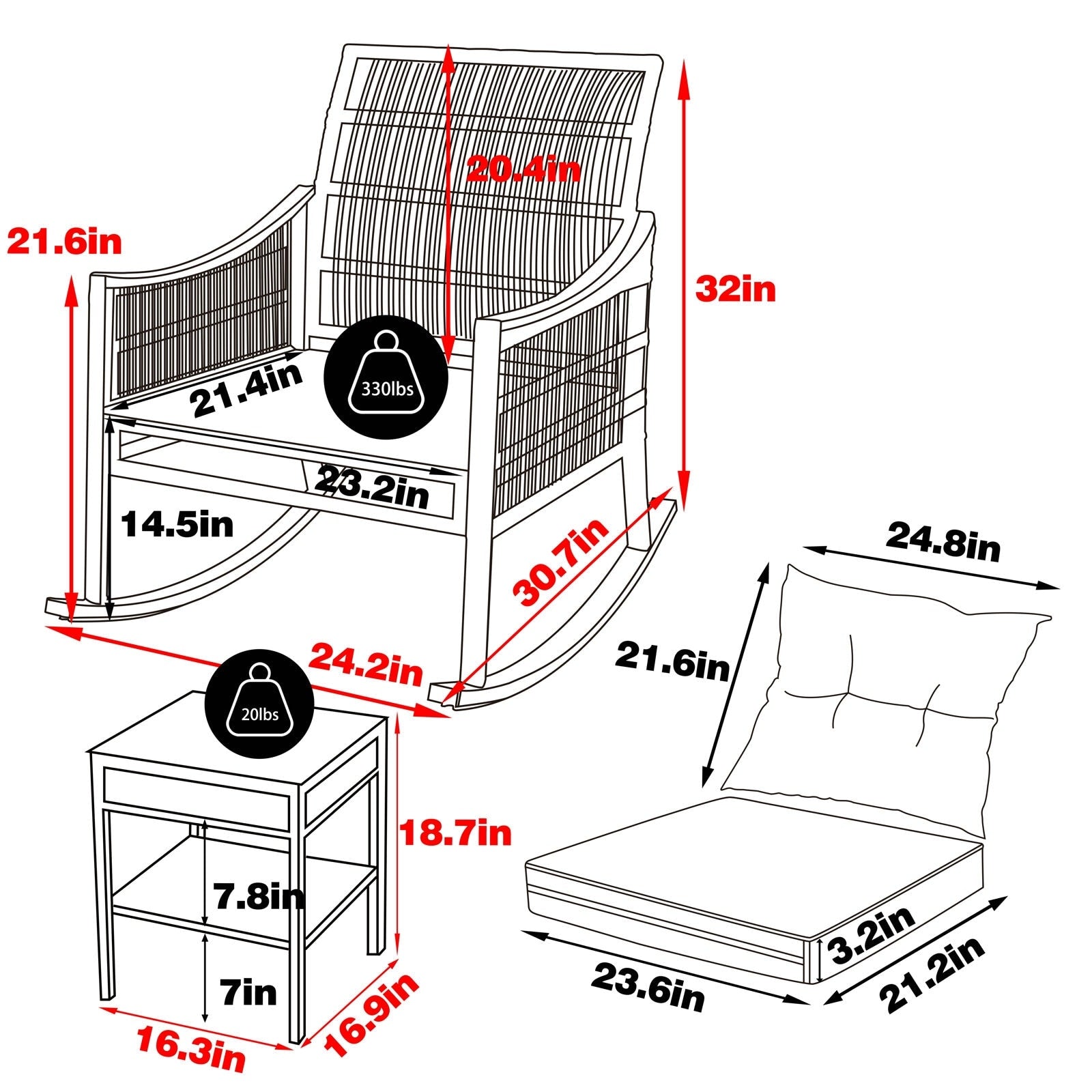 Ensemble de 3 chaises à bascule et table basse en rotin pour patio extérieur VEIKOUS avec coussins et oreillers