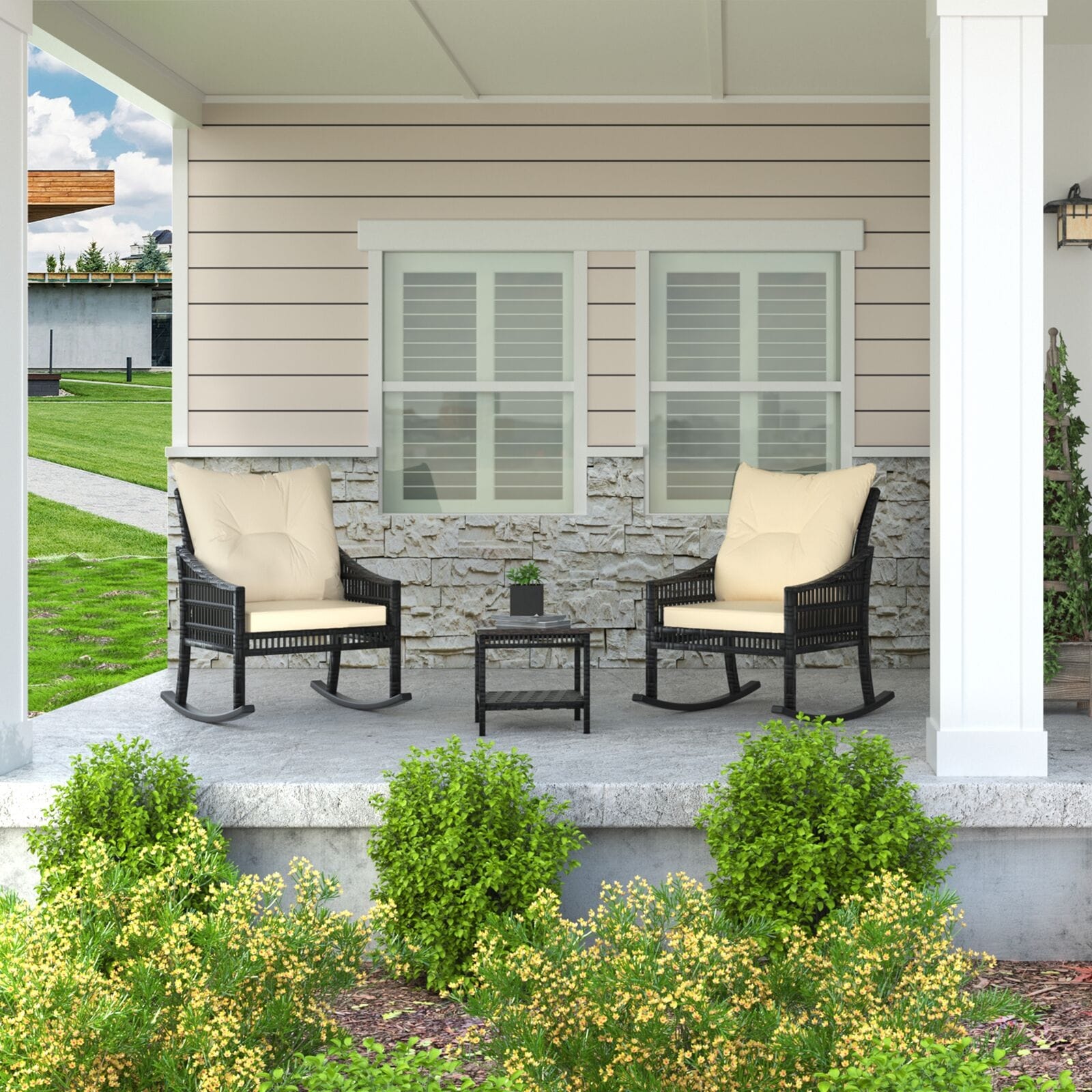Ensemble de 3 chaises à bascule et table basse en rotin pour patio extérieur VEIKOUS avec coussins et oreillers