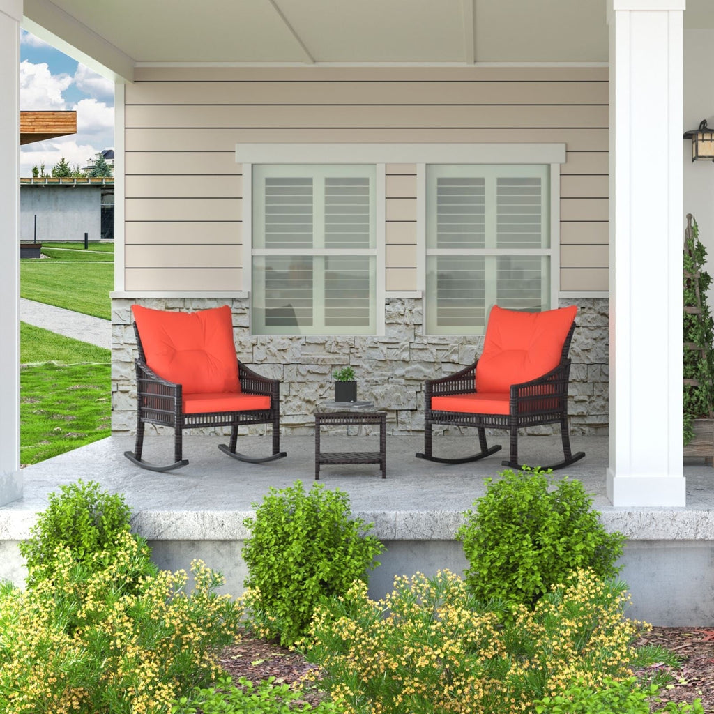 Ensemble de 3 chaises à bascule et table basse en rotin pour patio extérieur VEIKOUS avec coussins et oreillers