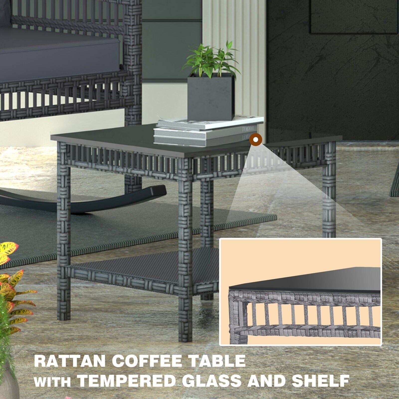 Ensemble de 3 chaises à bascule et table basse en rotin pour patio extérieur VEIKOUS avec coussins et oreillers