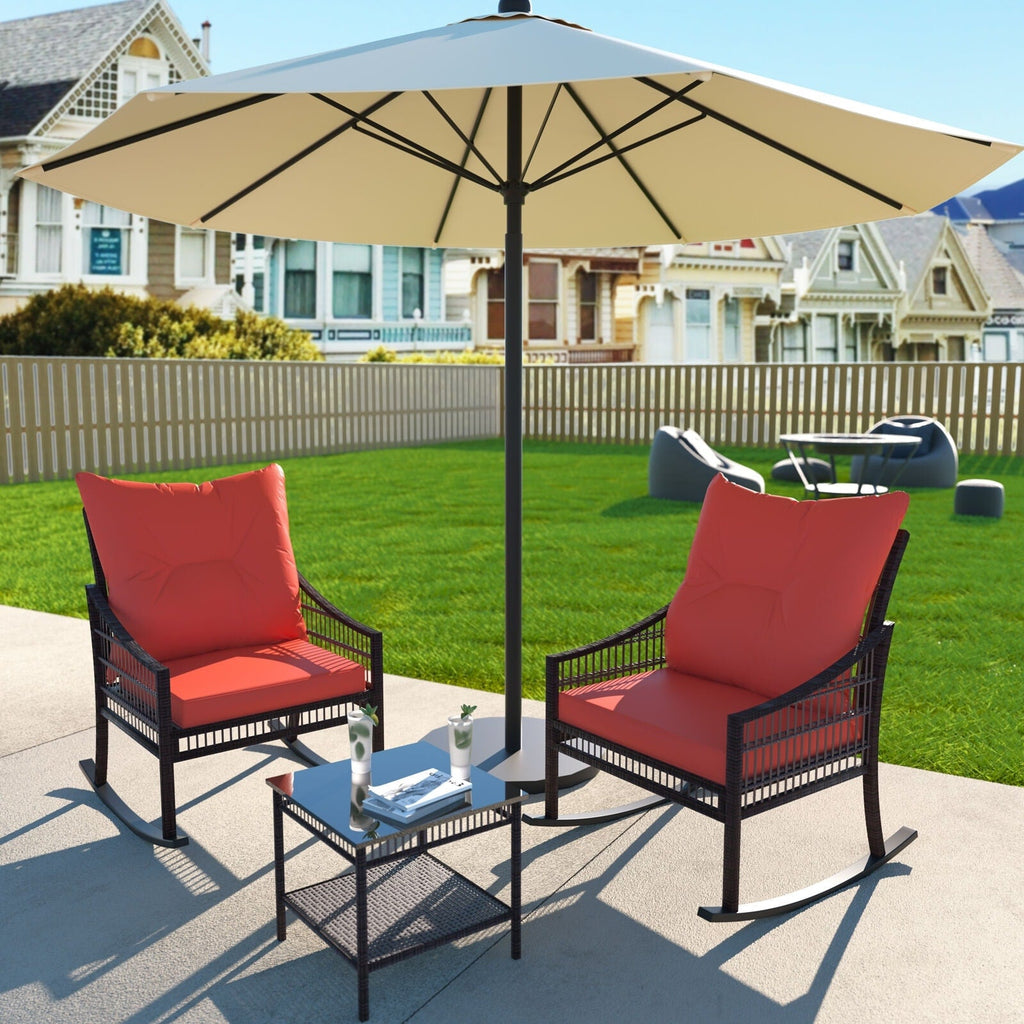 Ensemble de 3 chaises à bascule et table basse en rotin pour patio extérieur VEIKOUS avec coussins et oreillers