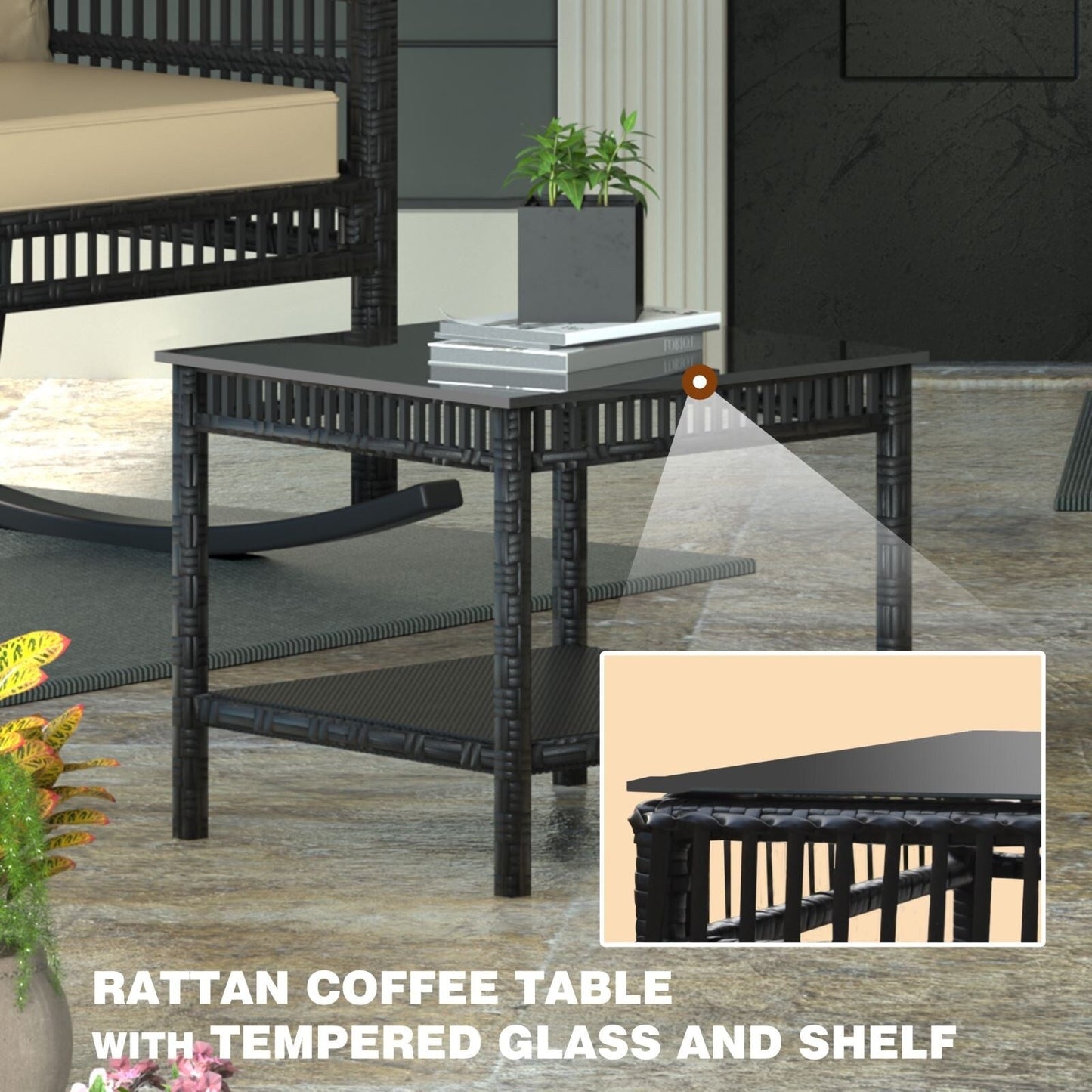 Ensemble de 3 chaises à bascule et table basse en rotin pour patio extérieur VEIKOUS avec coussins et oreillers